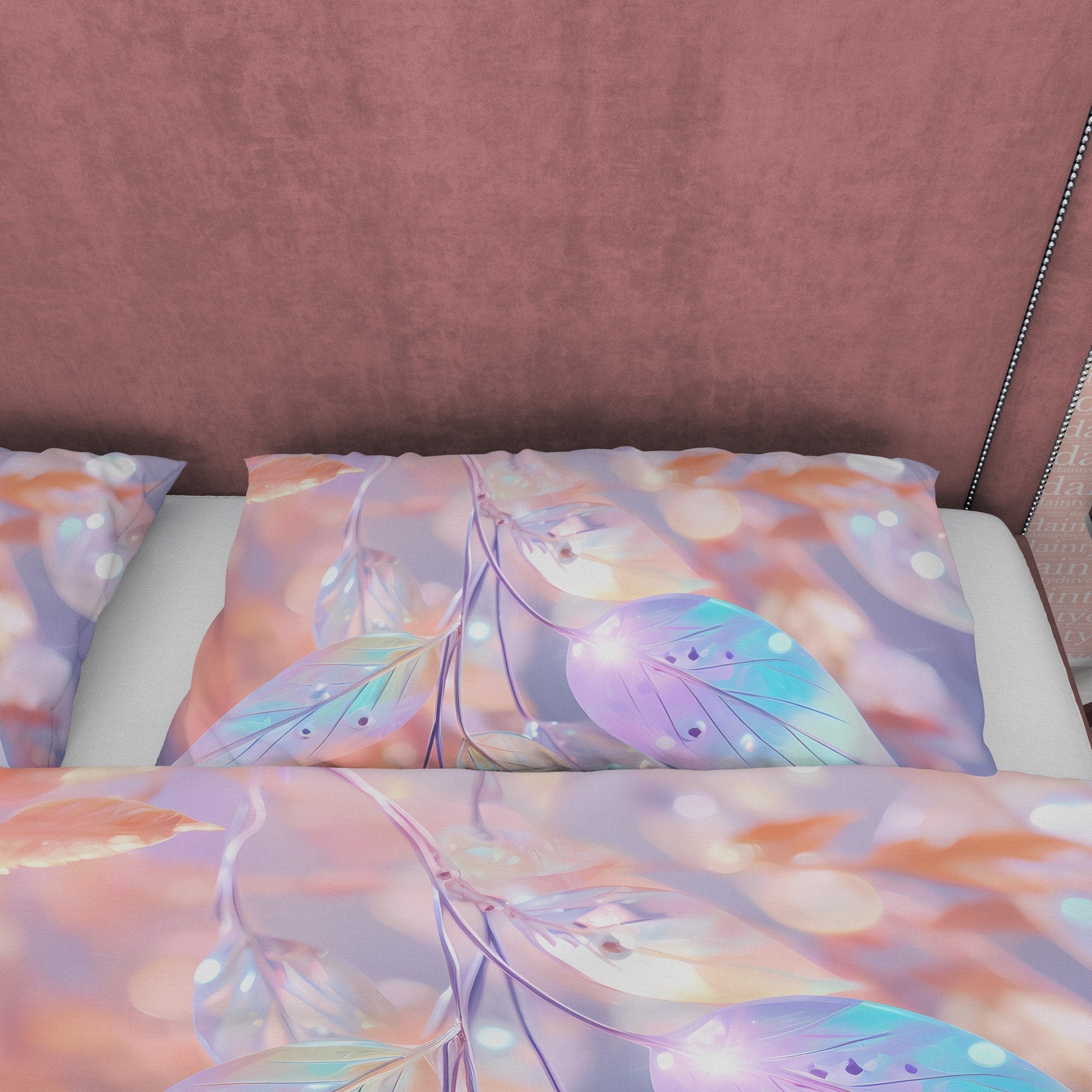 Holographic Water Droplet On Leaf  Bedding Set Boho Duvet Cover, Colorful Leaf Quilt Cover, Patel Color Moonstone Inspired Bedspread