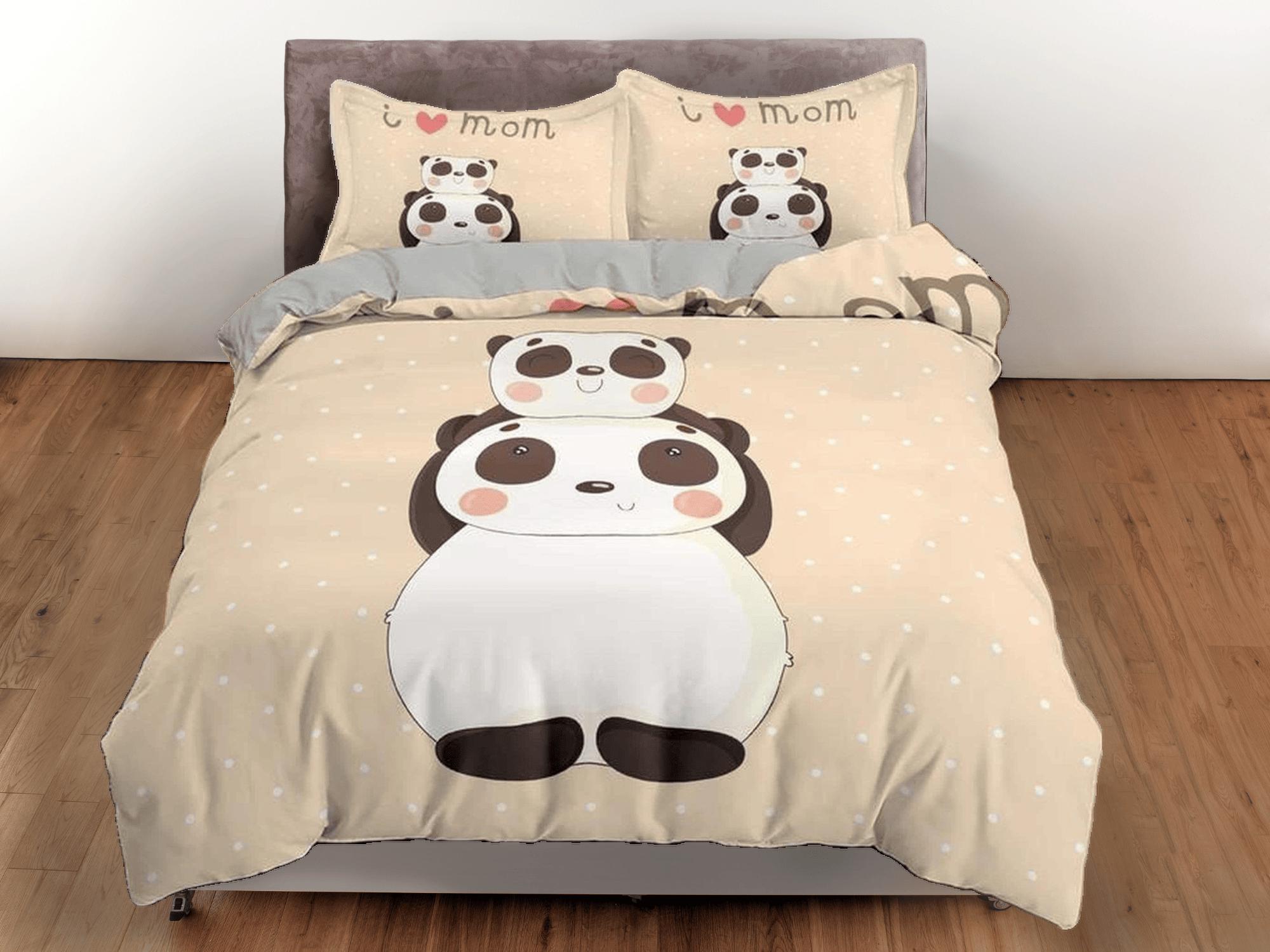daintyduvet I love mom panda beige duvet cover set, bedding set full, king, queen, dorm bedding, toddler bedding, aesthetic bedspread, panda lovers gift
