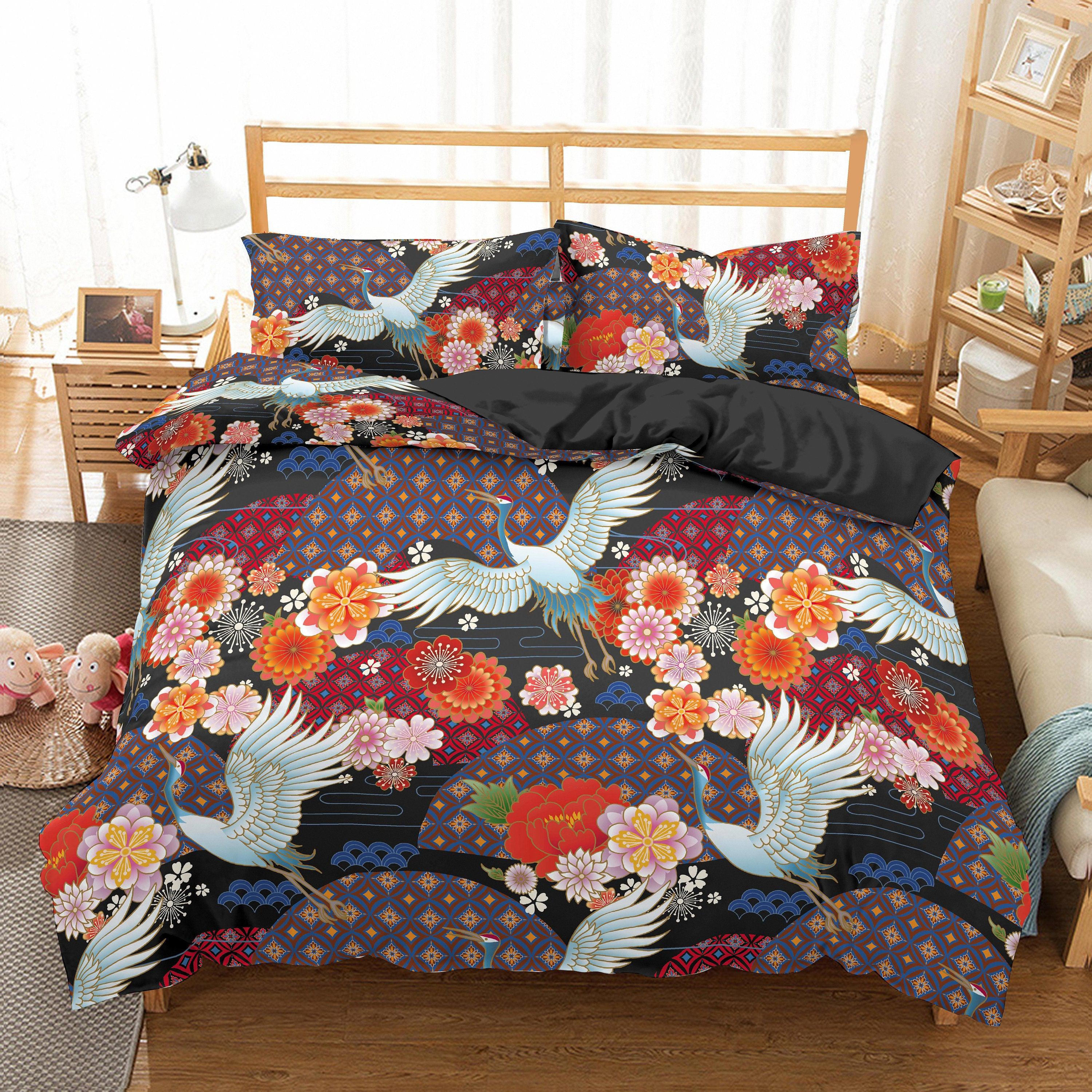 daintyduvet Japanese Black Duvet Cover Set, Floral Kimono & Crane Bird Bedding Set with Pillow Cover Case
