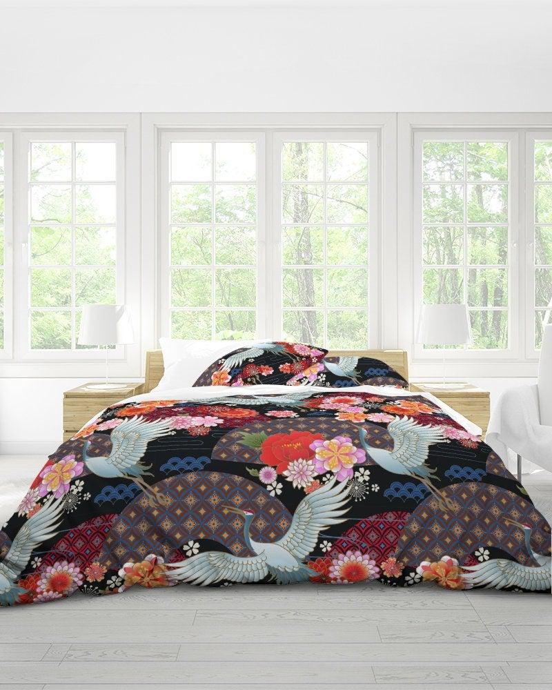 daintyduvet Japanese Black Duvet Cover Set, Floral Kimono & Crane Bird Bedding Set with Pillow Cover Case