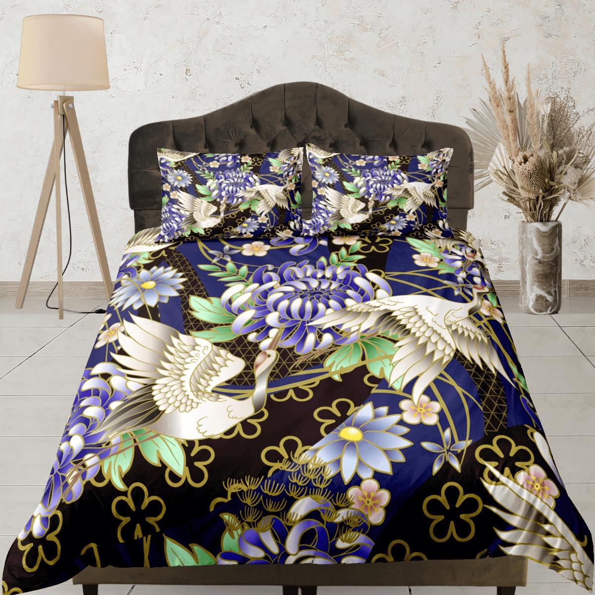 daintyduvet Japanese Crane Bird Floral Duvet Cover Set Colorful Bedspread, Dorm Bedding with Pillowcase, Single