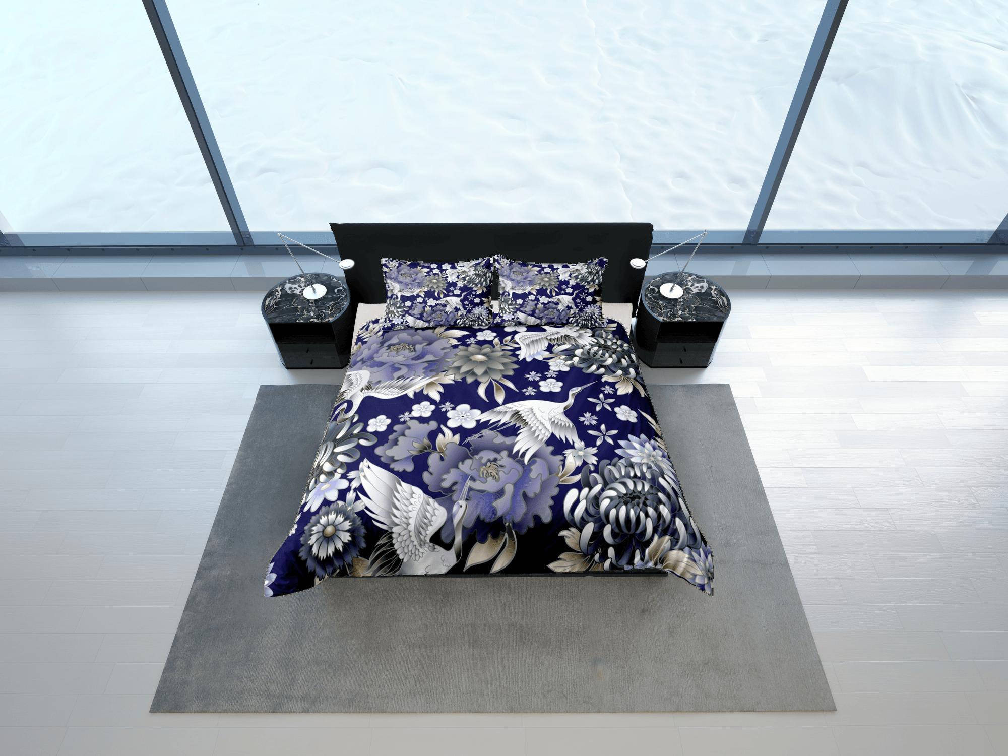 daintyduvet Japanese Crane Blue Duvet Cover Set Colorful Bedspread, Dorm Bedding with Pillowcase