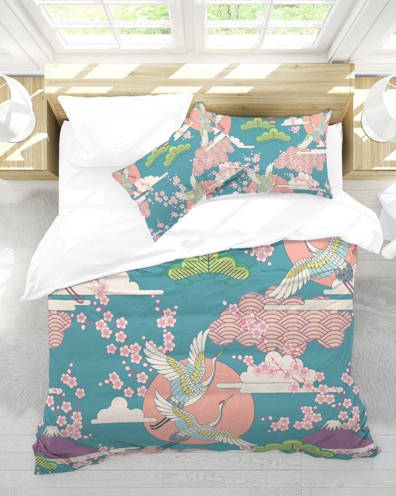daintyduvet Japanese Duvet Cover Cherry Blossom Floral Bedding Set with Pillow Cover Case