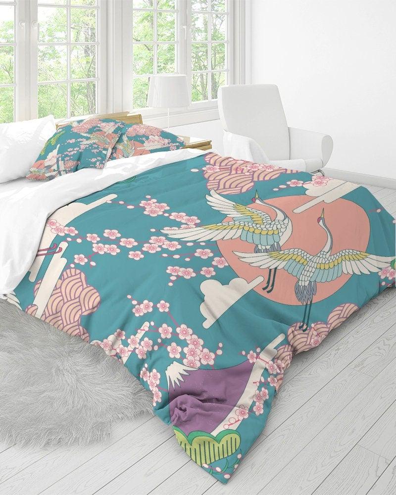 daintyduvet Japanese Duvet Cover Cherry Blossom Floral Bedding Set with Pillow Cover Case