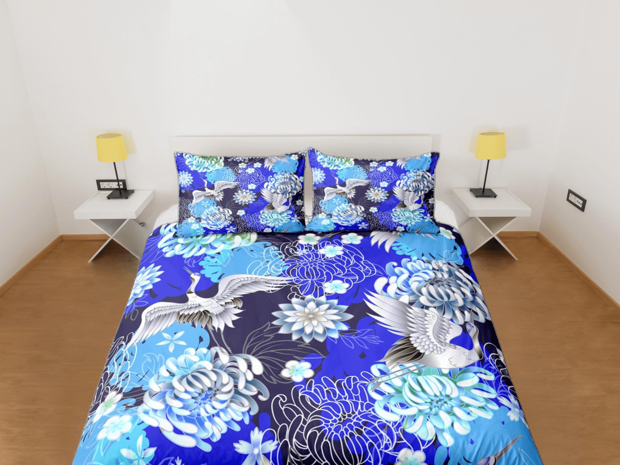 daintyduvet Japanese Floral Blue Duvet Cover Set Colorful Bedspread, Dorm Bedding + Pillowcase