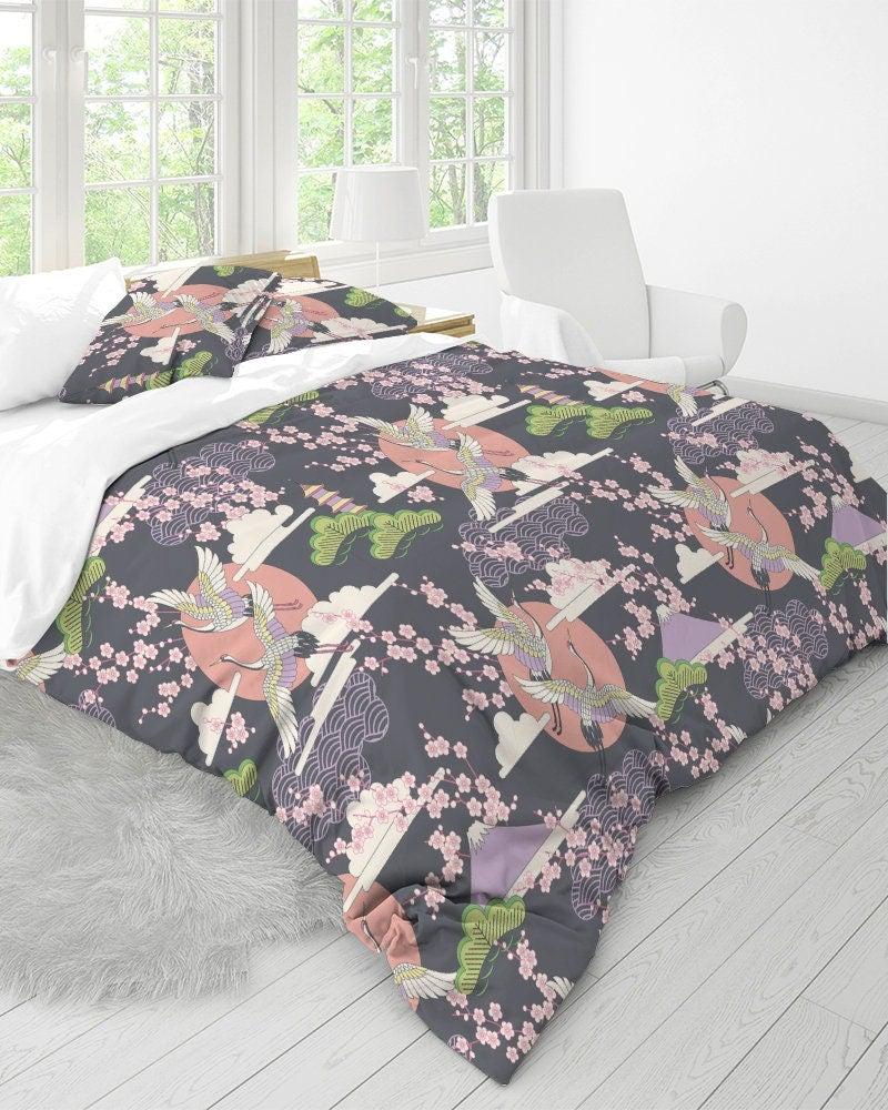 daintyduvet Japanese Grey Duvet Cover Set, Crane Bird & Cherry Blossoms Design Bedding Set with Pillow Cover Case