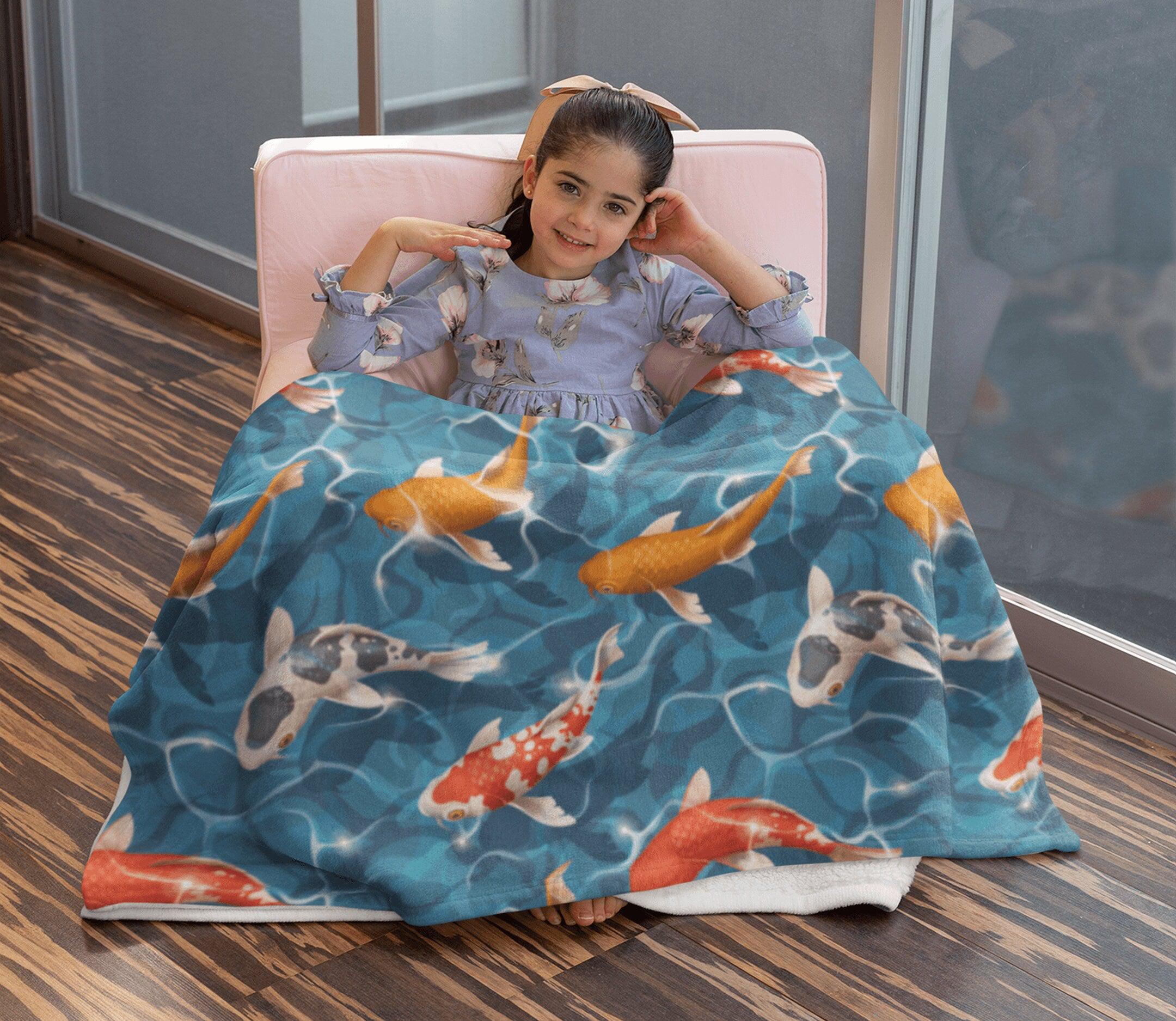 daintyduvet Japanese Koi Fish in Pond Blue Soft Fluffy Velvet Flannel Fleece Throw Blanket