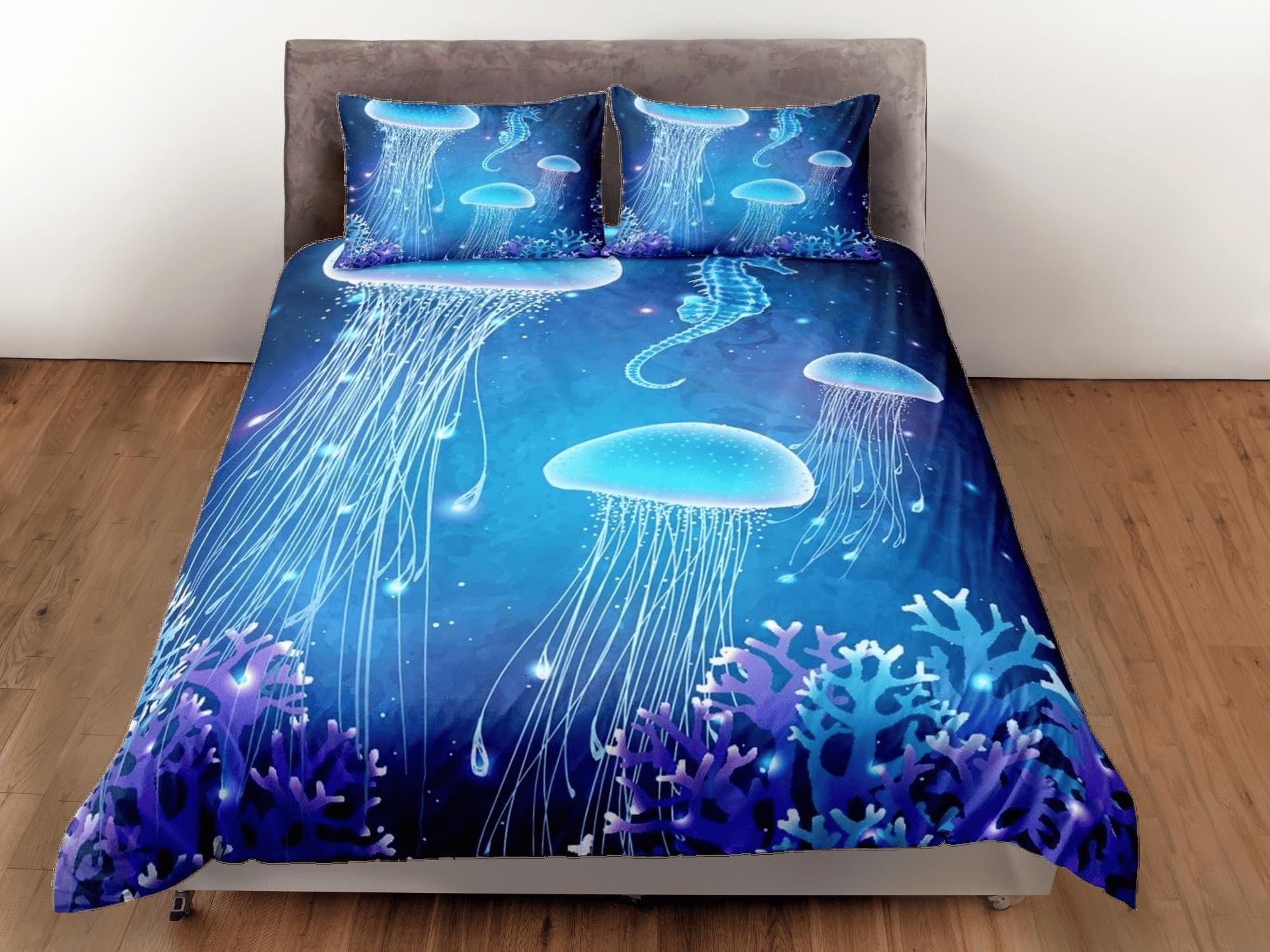 daintyduvet Jellyfish and sea horse bedding purple blue duvet cover, ocean blush sea animal bedding set full king queen twin crib toddler, dorm bedding