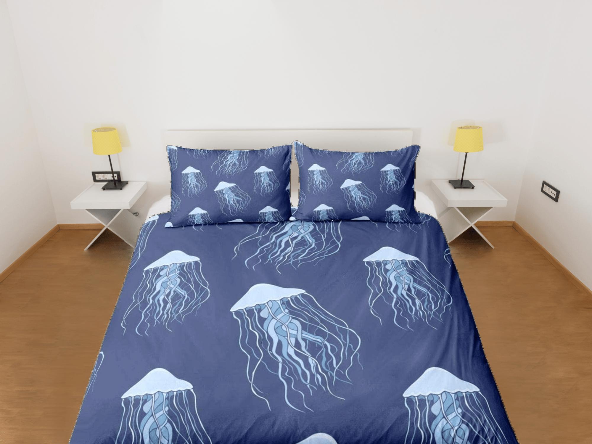 daintyduvet Jellyfish bedding denim blue duvet cover, ocean blush sea animal bedding set full king queen twin crib toddler, college dorm bedding gift