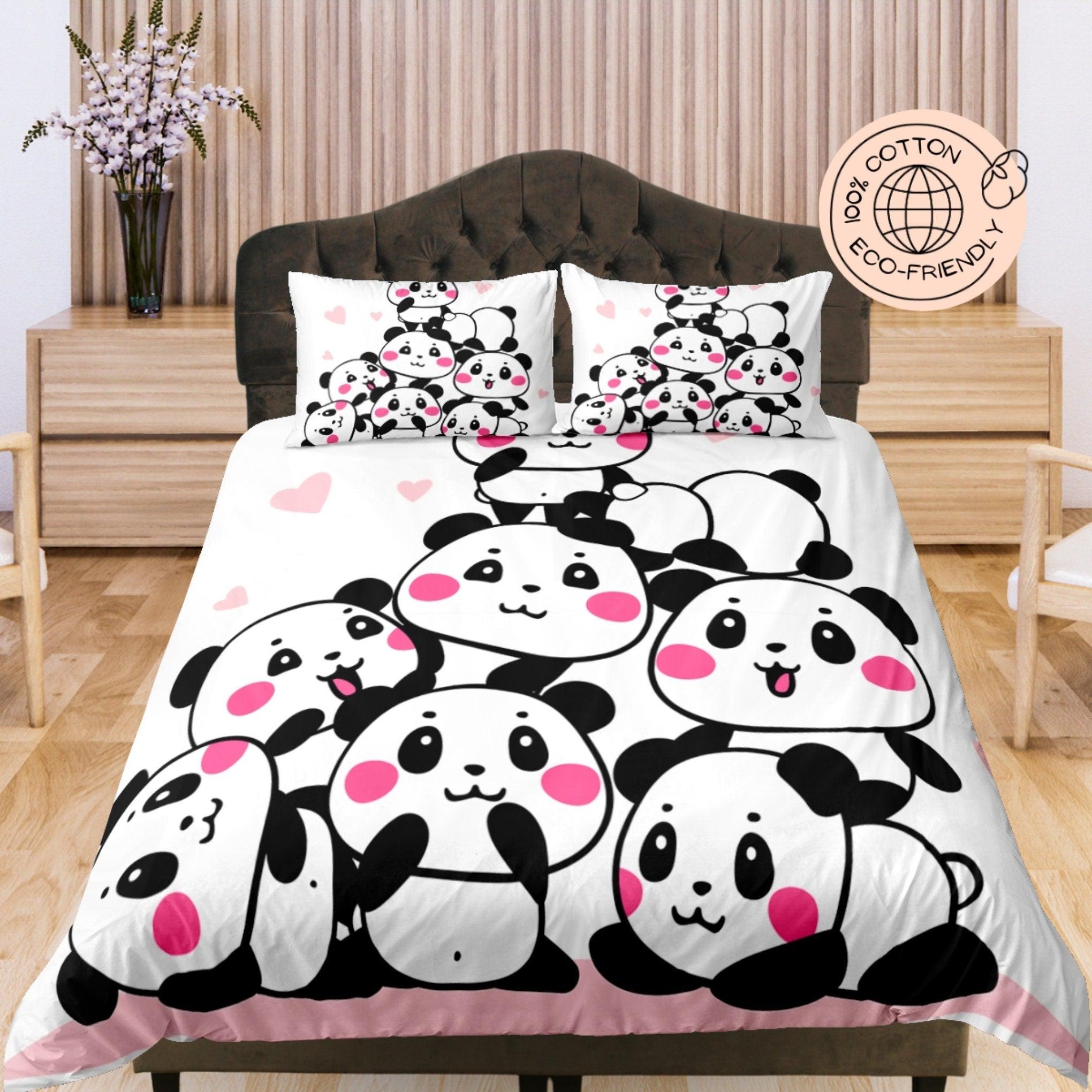 daintyduvet Kawaii Baby Pandas Cute White Cotton Duvet Cover Set for Kids, Toddler Bedding, Baby Zipper Bedding, Nursery Cotton Bedding, Crib Blanket