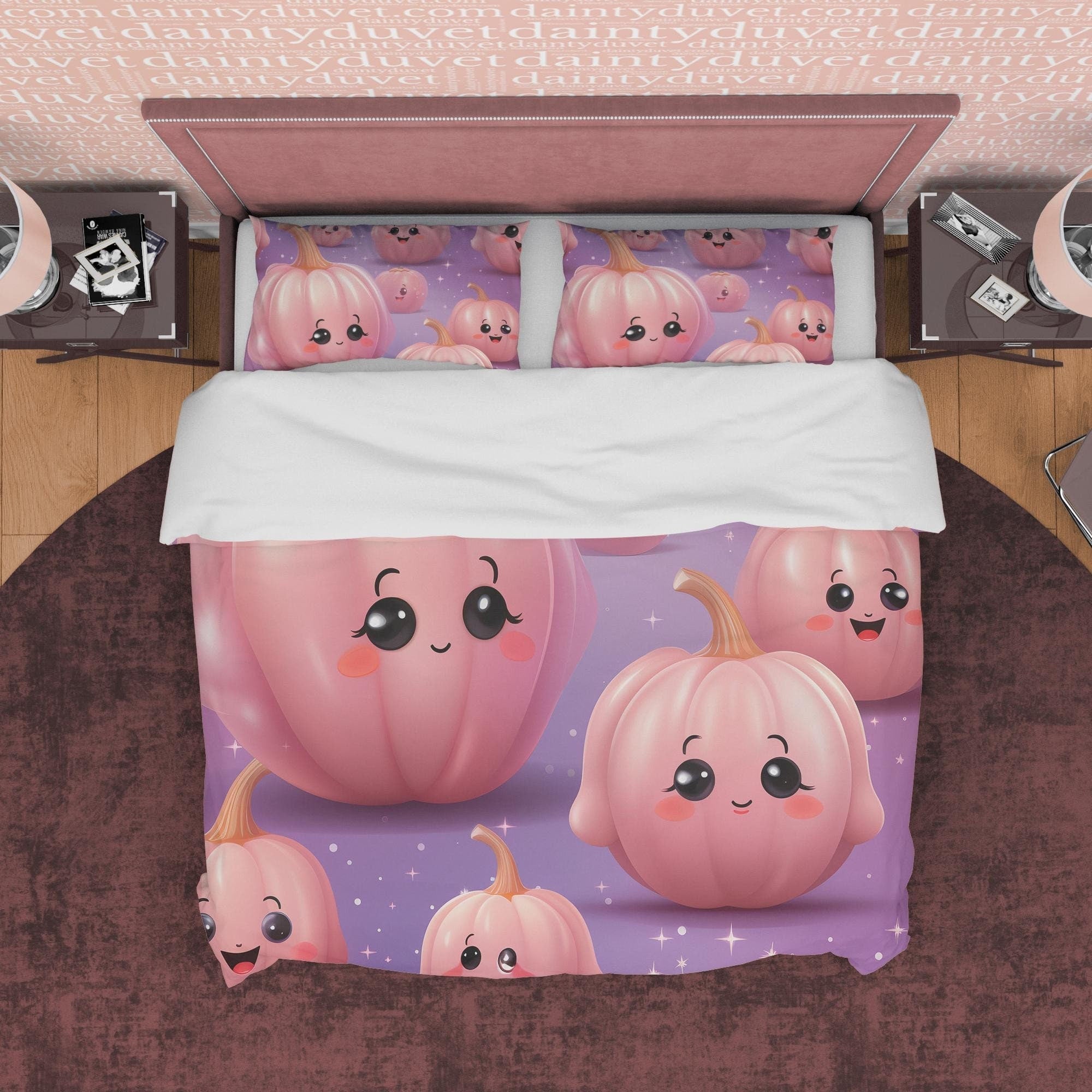 Kawaii Pink Pumpkin Purple Duvet Cover Set for Teens, Kids Bedroom, Cute Bedspread, Toddler Bedding, US, UK, European, Australian Bed Size