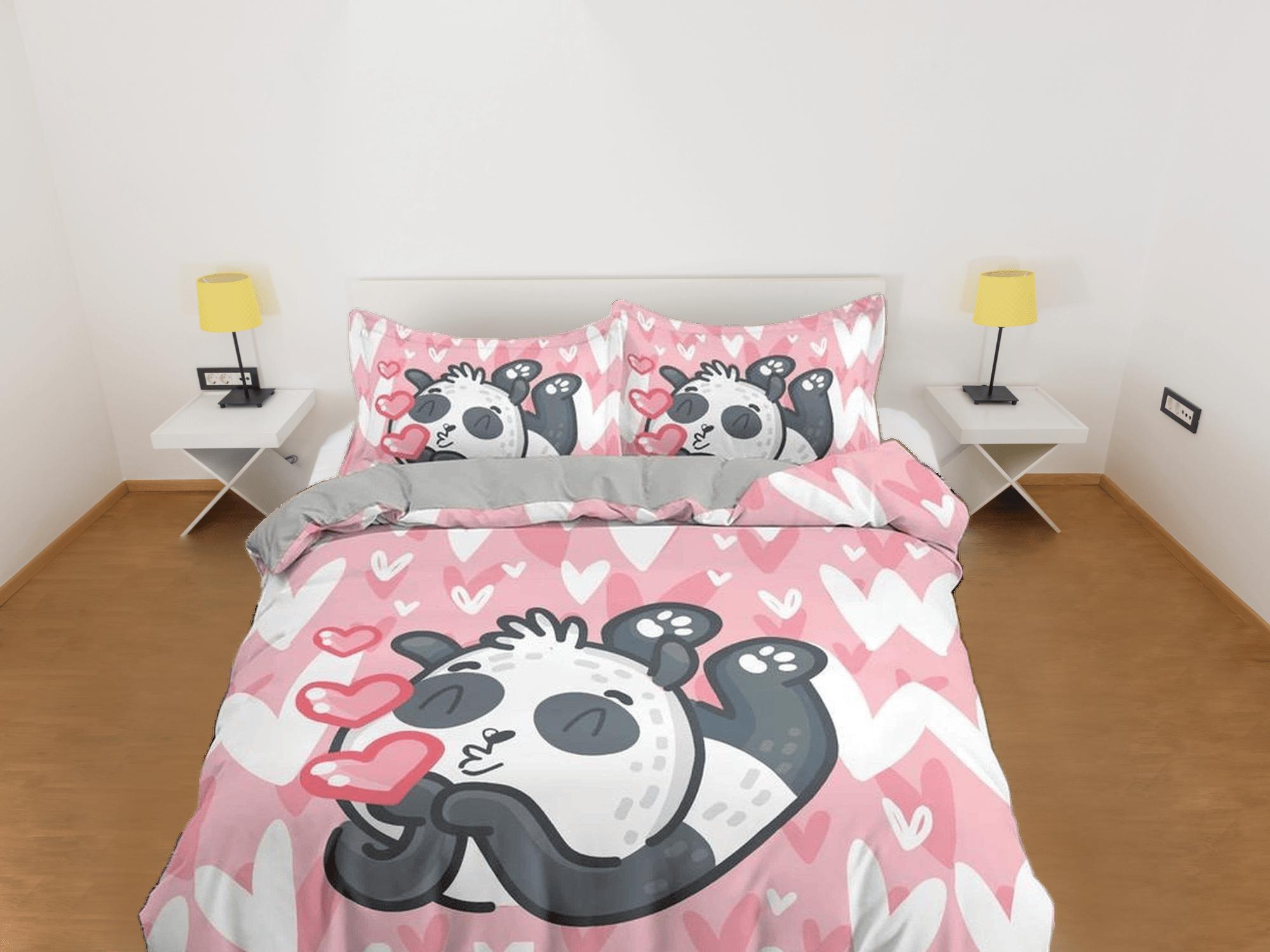 daintyduvet Kiss panda pink duvet cover kids, bedding set full, king, queen, dorm bedding, toddler bedding, aesthetic bedspread, panda lovers gift