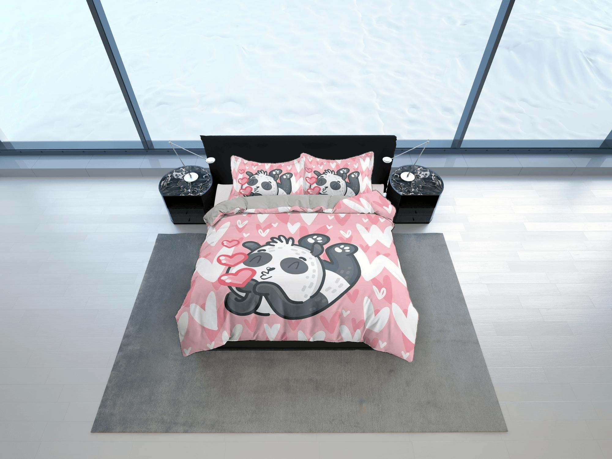 daintyduvet Kiss panda pink duvet cover kids, bedding set full, king, queen, dorm bedding, toddler bedding, aesthetic bedspread, panda lovers gift