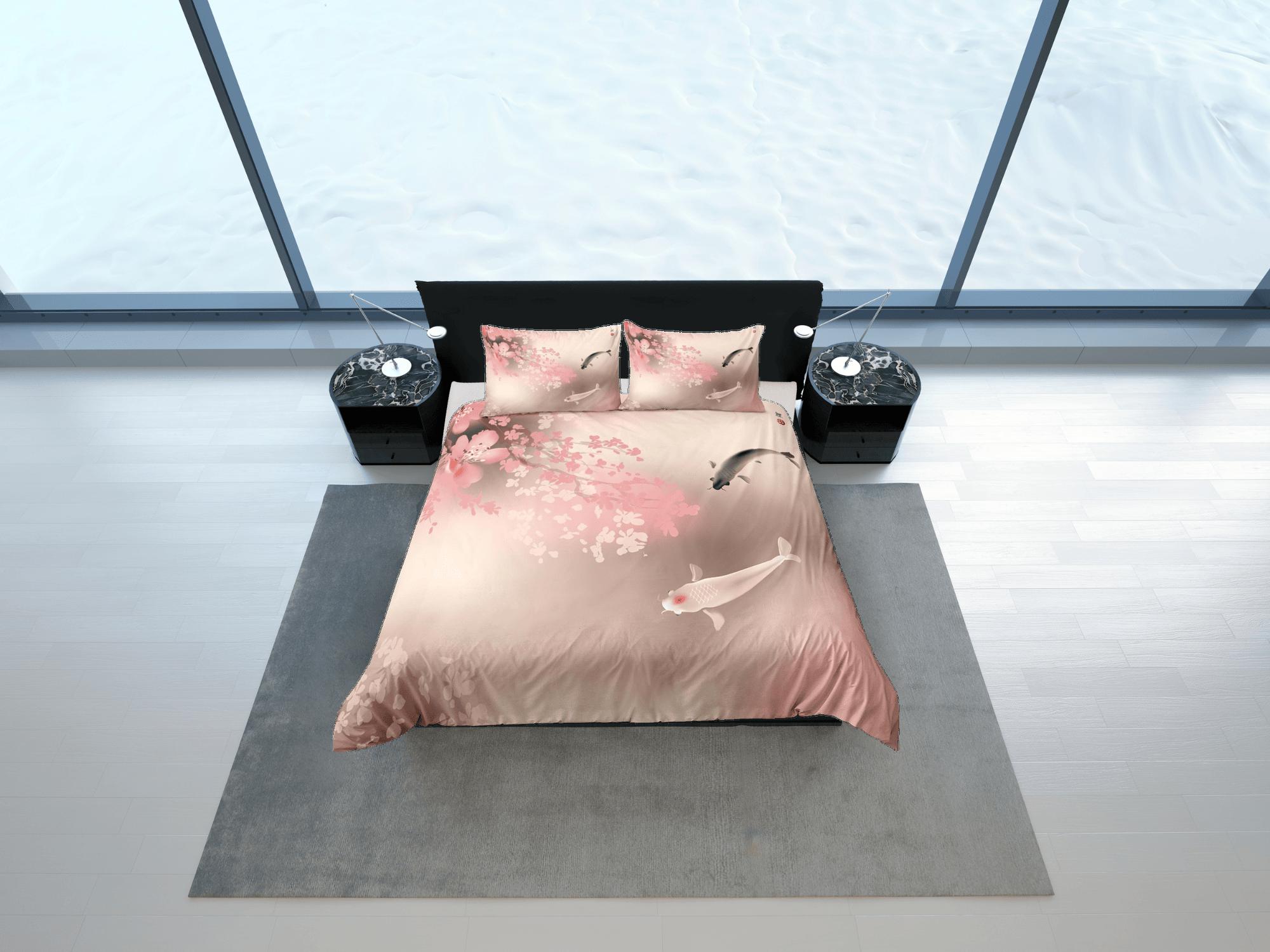 daintyduvet Koi fish pink oriental bedding, floral prints on japanese duvet cover set for king, queen, full, twin, single, toddler, minimalist bedding