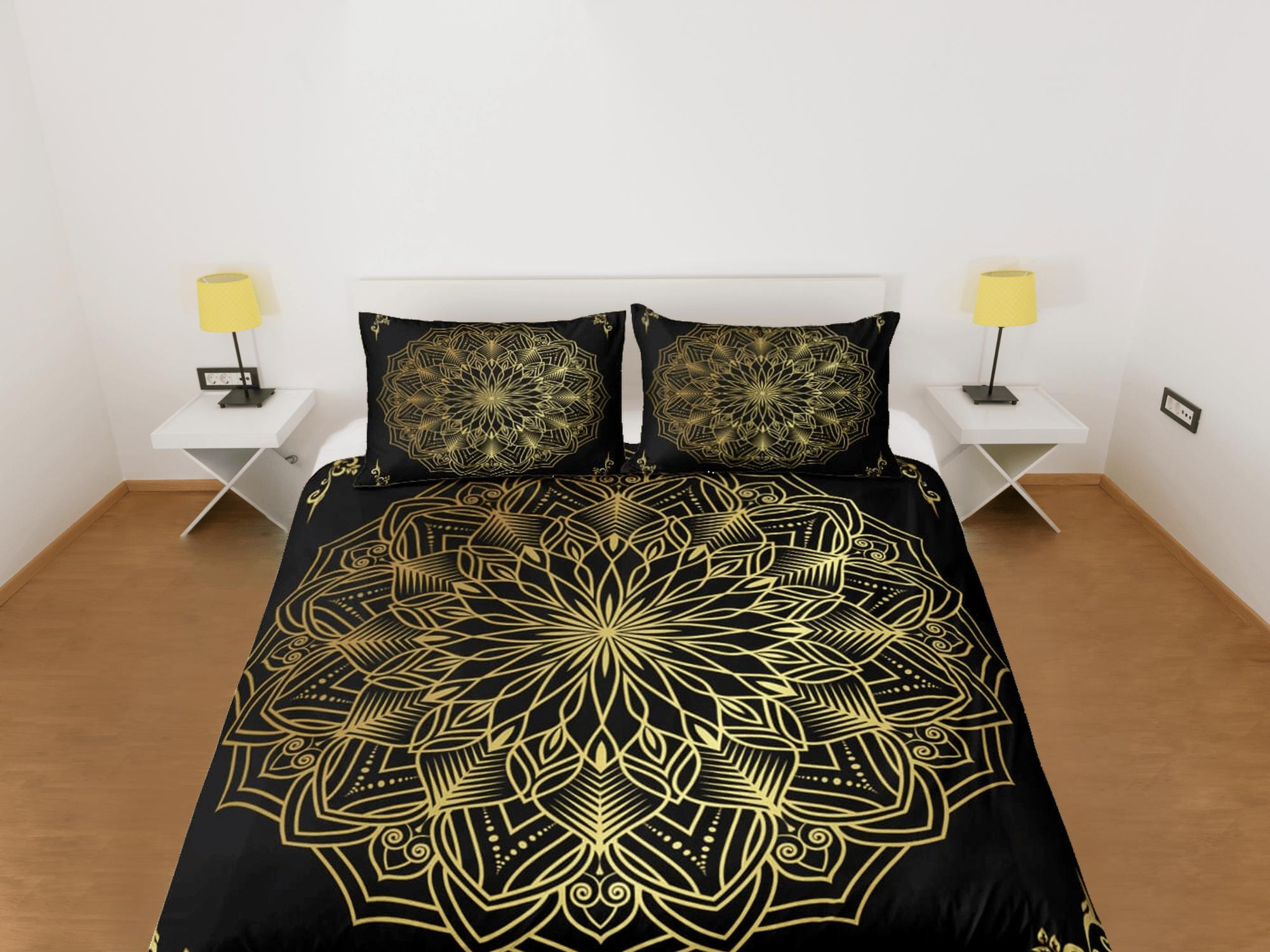 daintyduvet Line art golden mandala black duvet cover boho bedding set full, queen, king, dorm bedding, aesthetic room indian bedspread maximalist decor