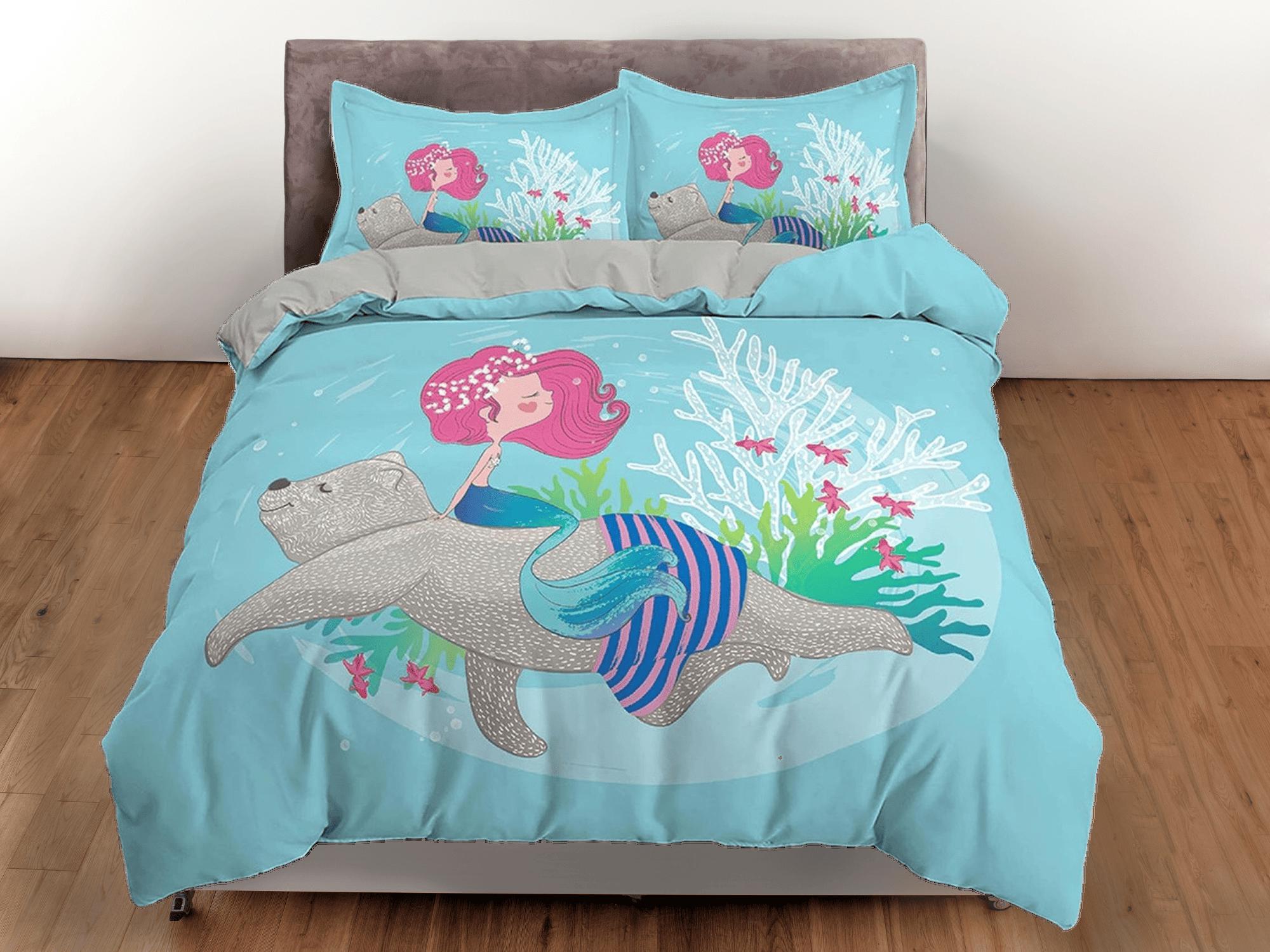 daintyduvet Little mermaid and grizzly bear, toddler bedding, unique duvet cover, crib bedding & pillowcase, baby zipper bedding, king queen full twin