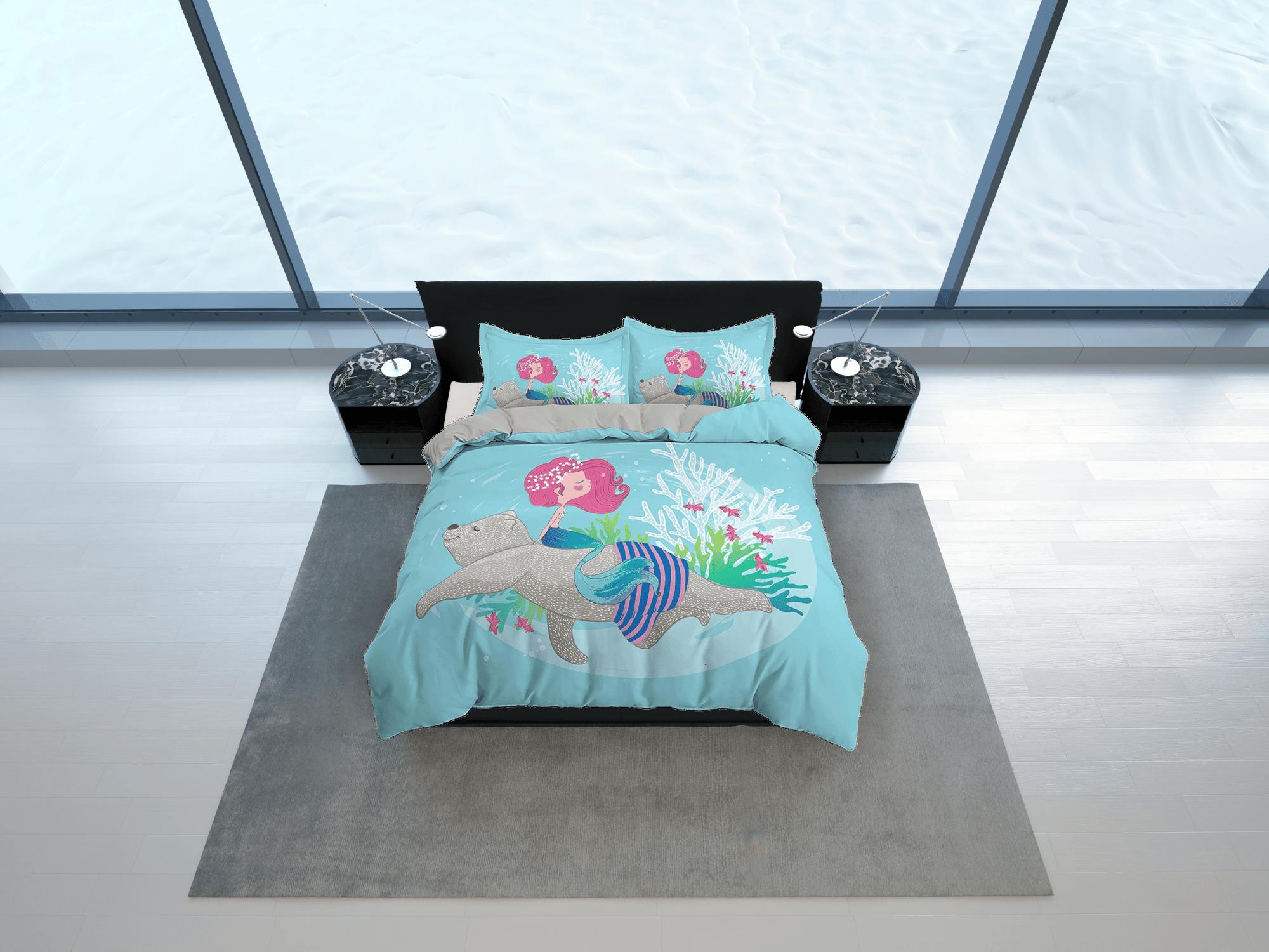 daintyduvet Little mermaid and grizzly bear, toddler bedding, unique duvet cover, crib bedding & pillowcase, baby zipper bedding, king queen full twin