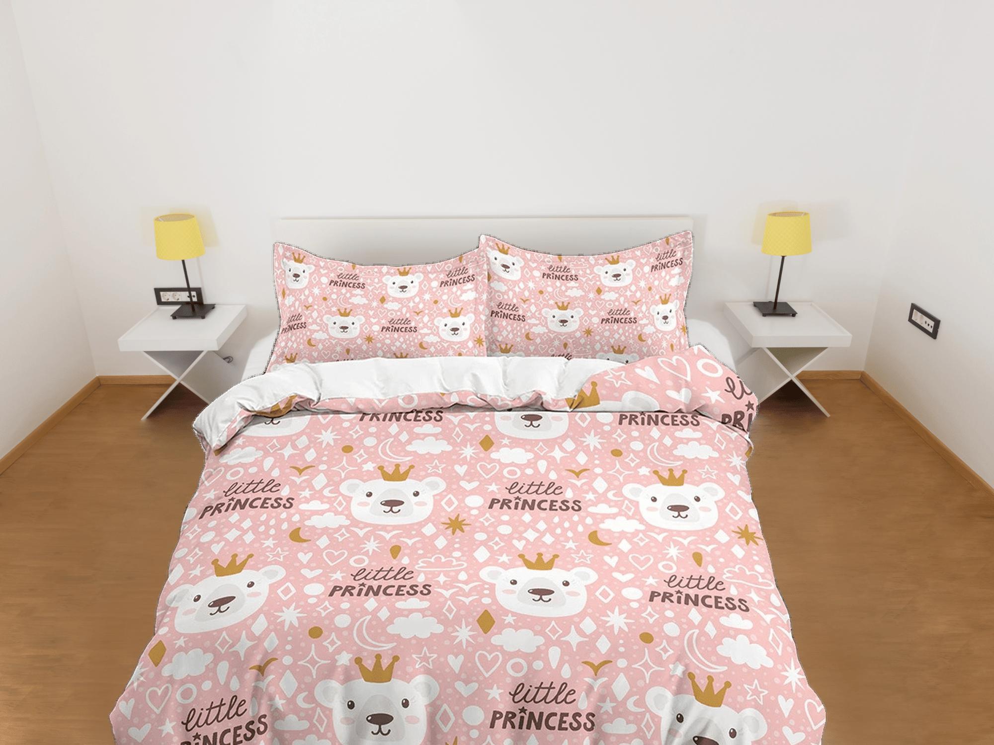 daintyduvet Little princess and cute polar bear, pink toddler bedding, duvet cover nursery kids, crib bedding, baby zipper bedding, king queen full twin