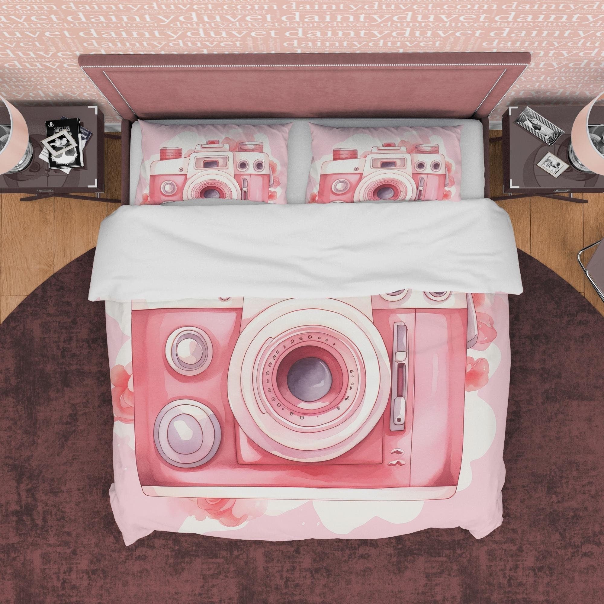 Lovely Retro Camera Duvet Cover Set Baby Pink Bedding, Girly Bedroom Set, Cute Quilt Cover, Photophille Bedspread, Photographer Gift