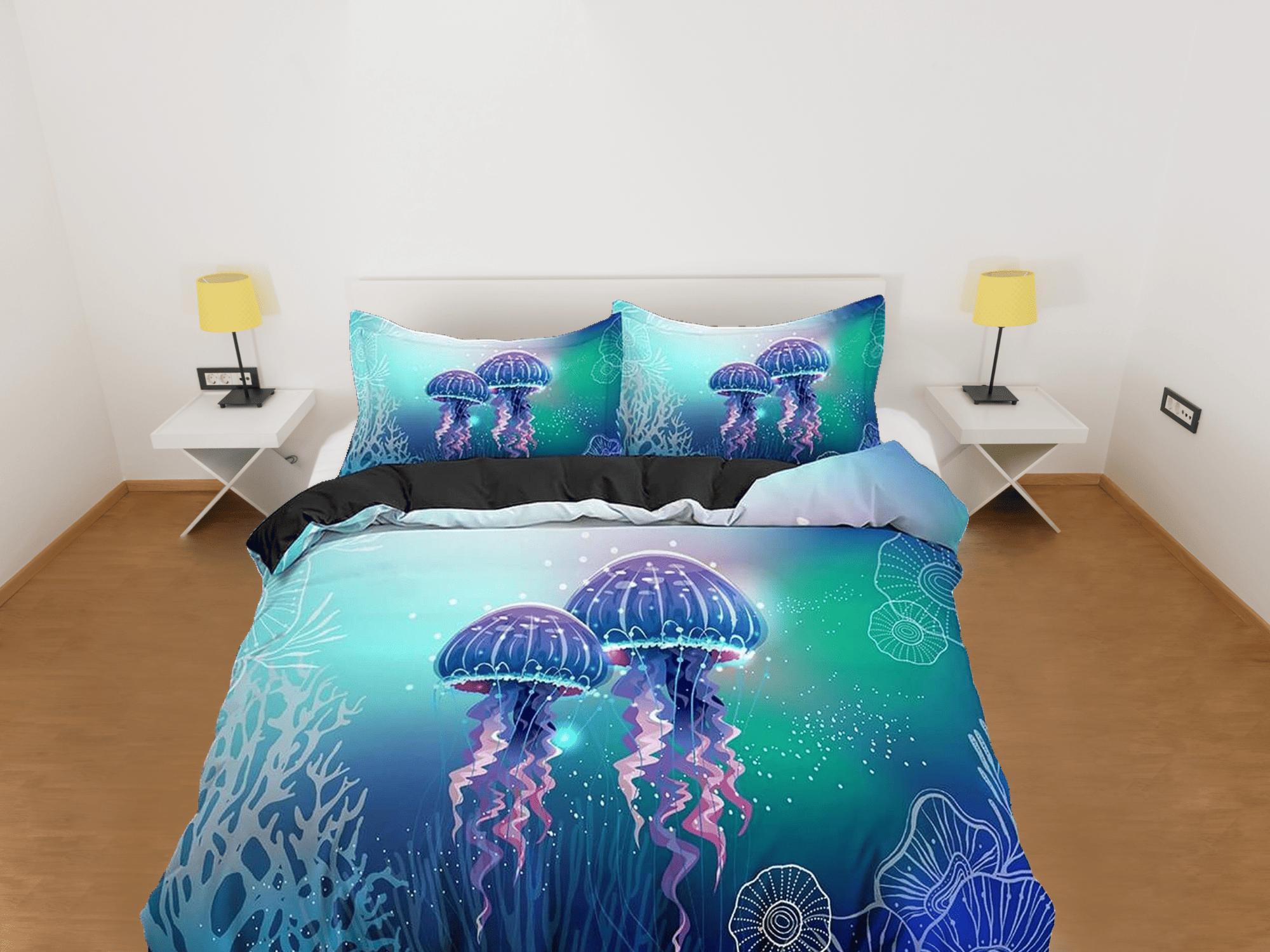 daintyduvet Lover jellyfish bedding blue green duvet cover, ocean blush sea animal bedding set full king queen twin crib toddler, college dorm bedding
