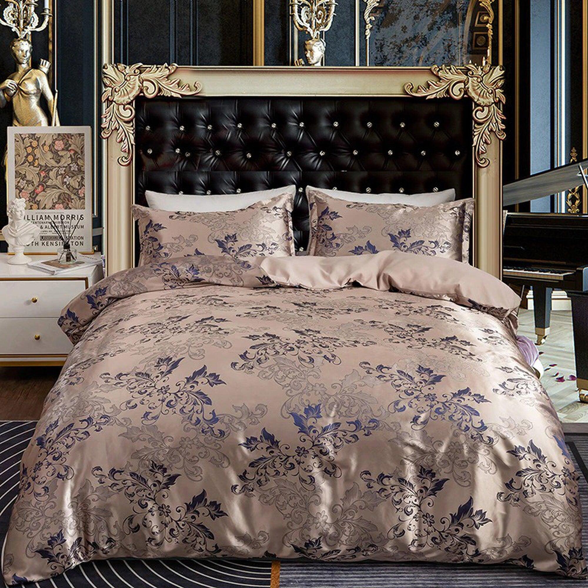 daintyduvet Luxury Bedding in Rose Gold Jacquard Fabric Blue Embroidery, Damask Duvet Cover Set, Designer Bedding, Aesthetic Duvet King Queen Full Twin