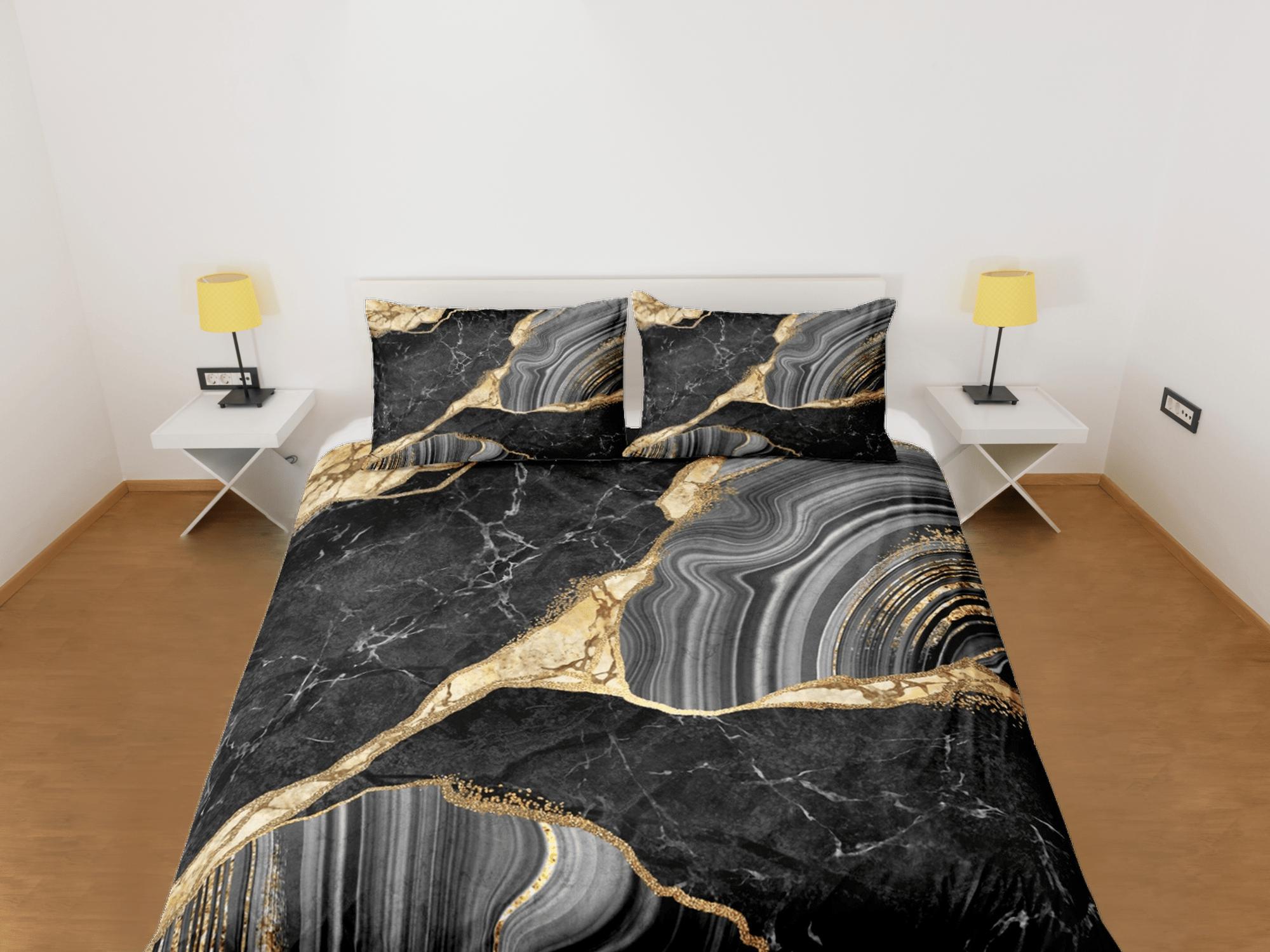 daintyduvet Luxury black gold marble aesthetic duvet cover, abstract art room decor, contemporary bedroom set boho chic bedding set full king queen