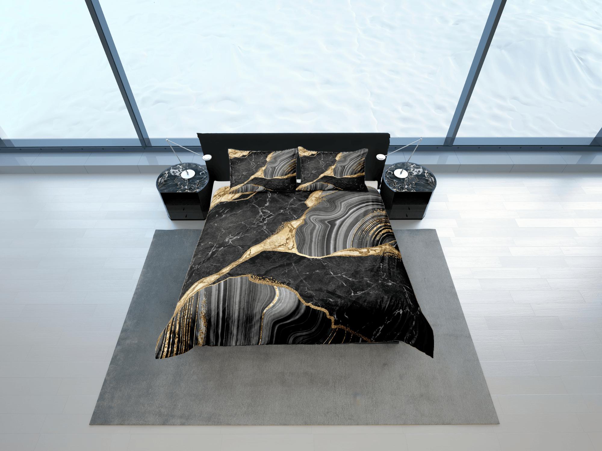 daintyduvet Luxury black gold marble aesthetic duvet cover, abstract art room decor, contemporary bedroom set boho chic bedding set full king queen