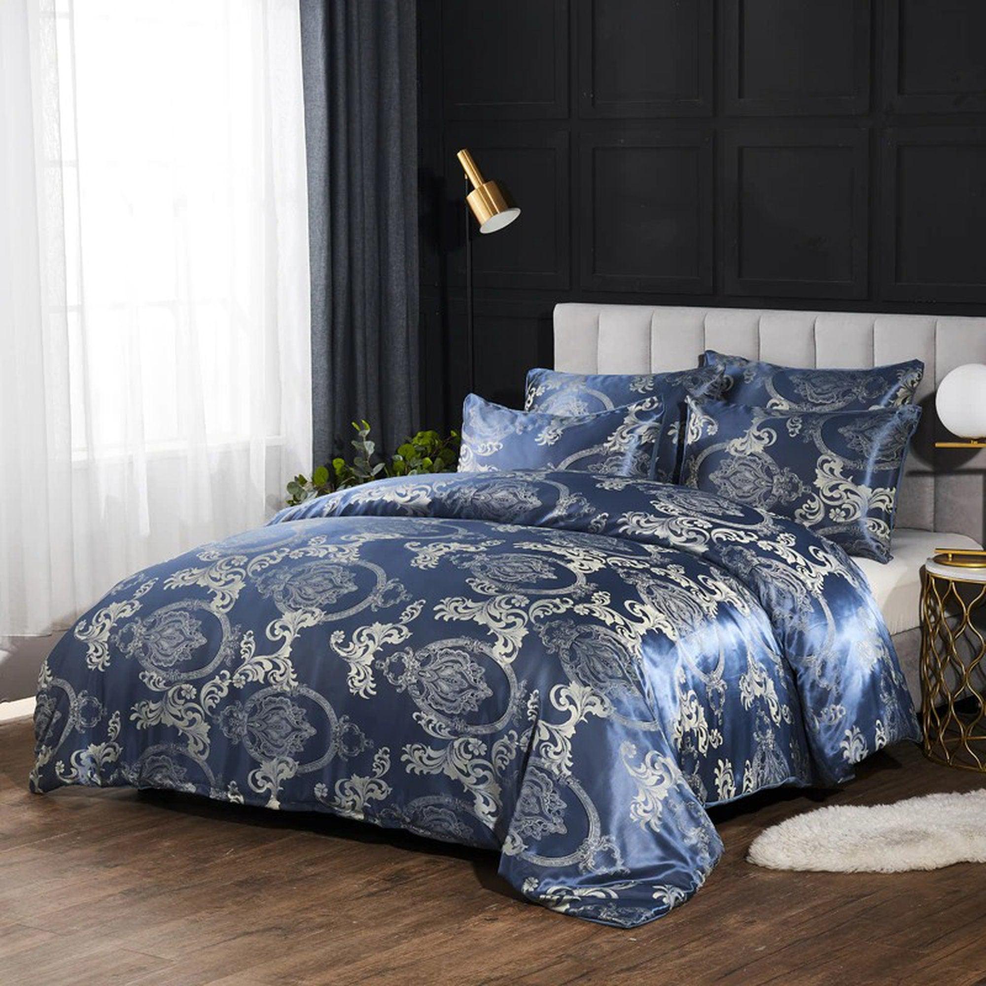 daintyduvet Luxury Blue Victorian Bedding made with Silky Jacquard Fabric, Damask Duvet Cover Set, Designer Bedding, Aesthetic Duvet Cover King Queen