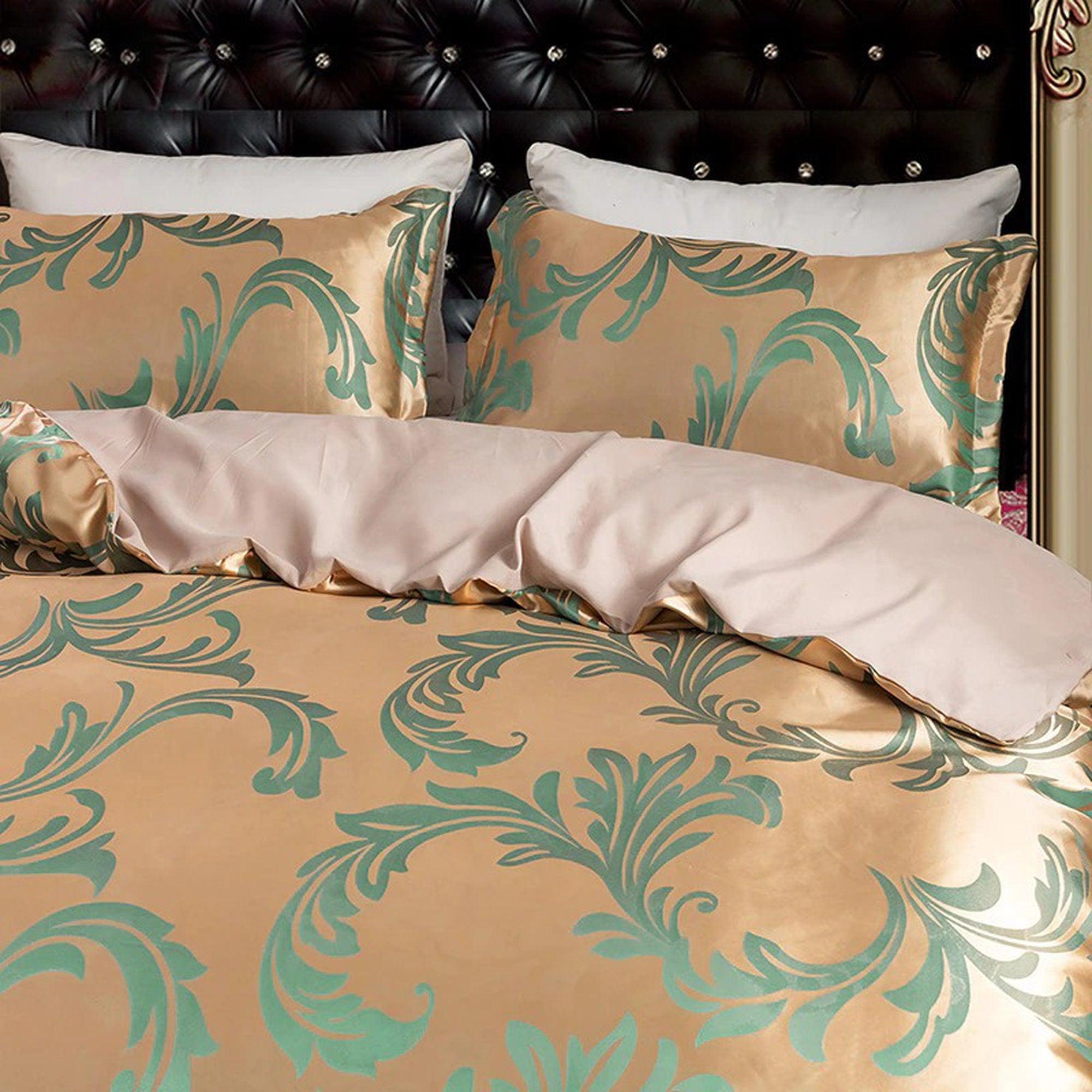 daintyduvet Luxury Copper Green Bedding made with Silky Jacquard Fabric, Damask Duvet Cover Set, Designer Bedding, Aesthetic Duvet King Queen Full Twin