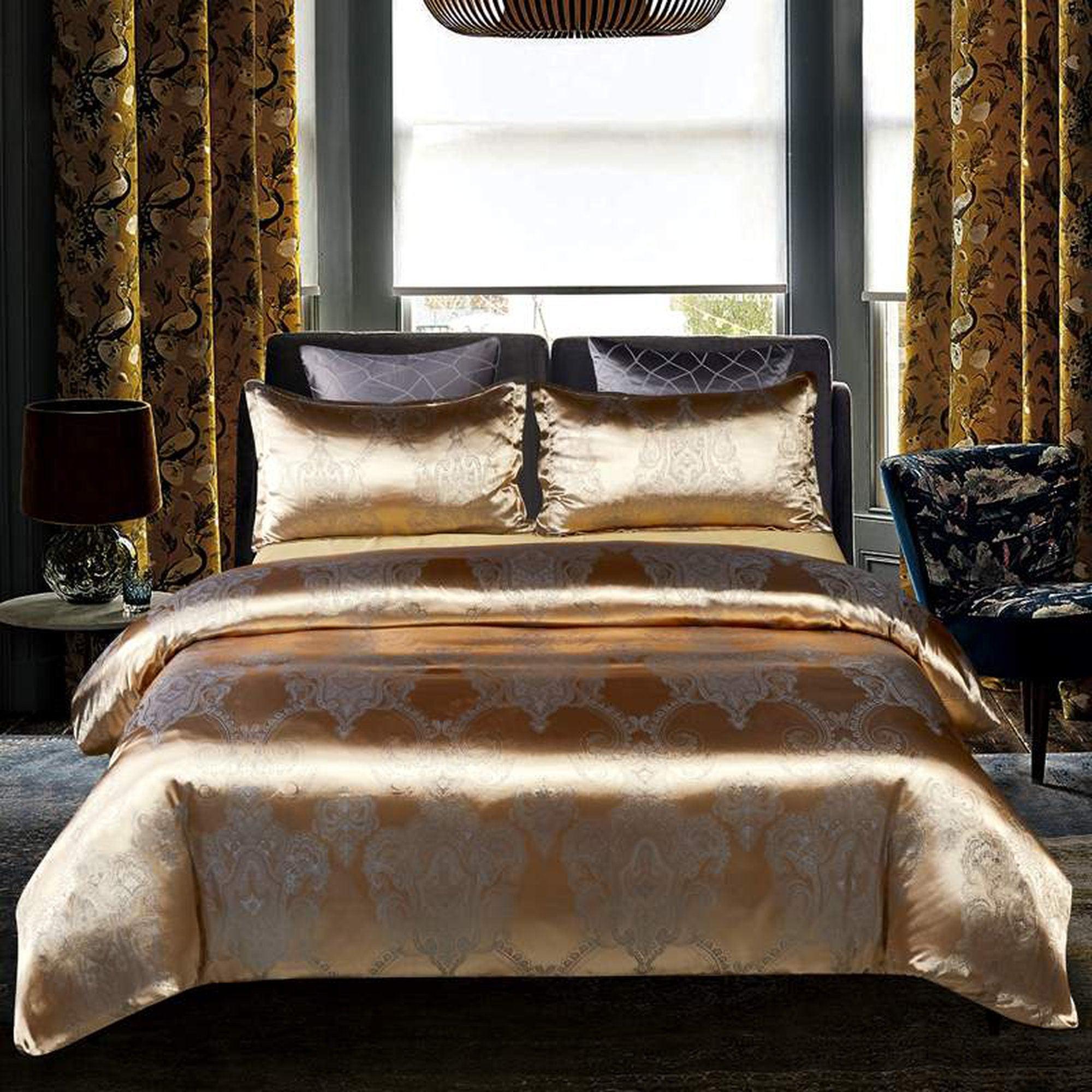 daintyduvet Luxury Duvet Cover Set Gold, Jacquard Fabric Aesthetic Bedding Decorative, Embroidered Bedding Set