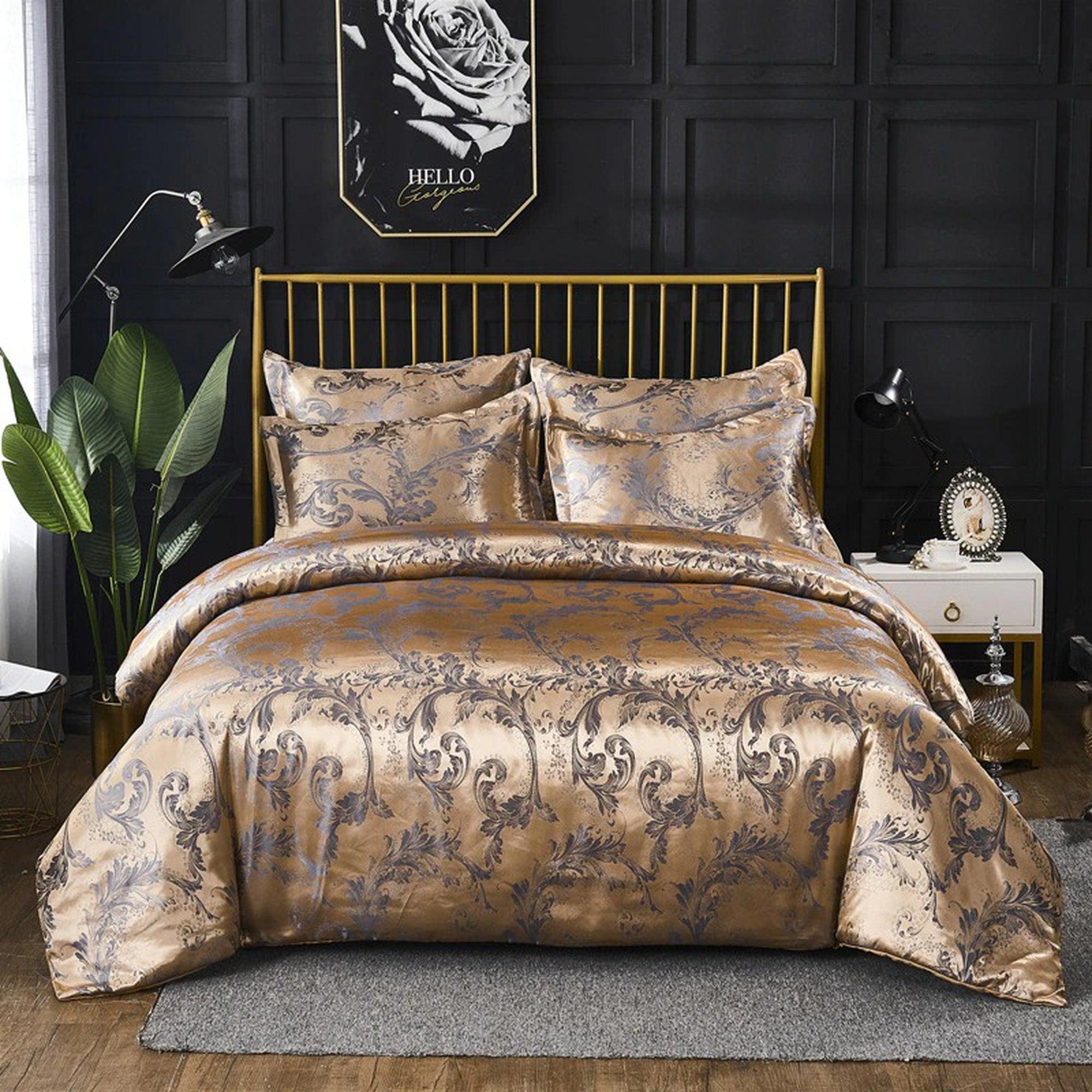 daintyduvet Luxury Gold Grey Victorian Bedding made with Silky Jacquard Fabric, Damask Duvet Cover Set, Designer Bedding, Aesthetic Duvet King Queen