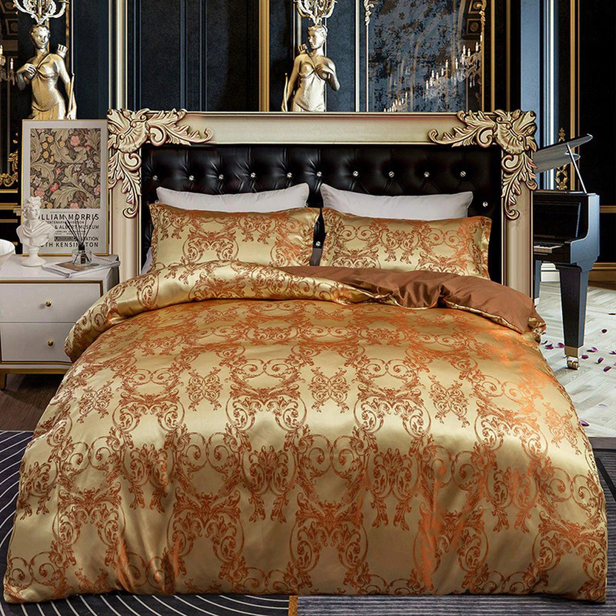 daintyduvet Luxury Golden Brown Bedding made with Silky Jacquard Fabric, Damask Duvet Cover Set, Designer Bedding, Aesthetic Duvet King Queen Full Twin
