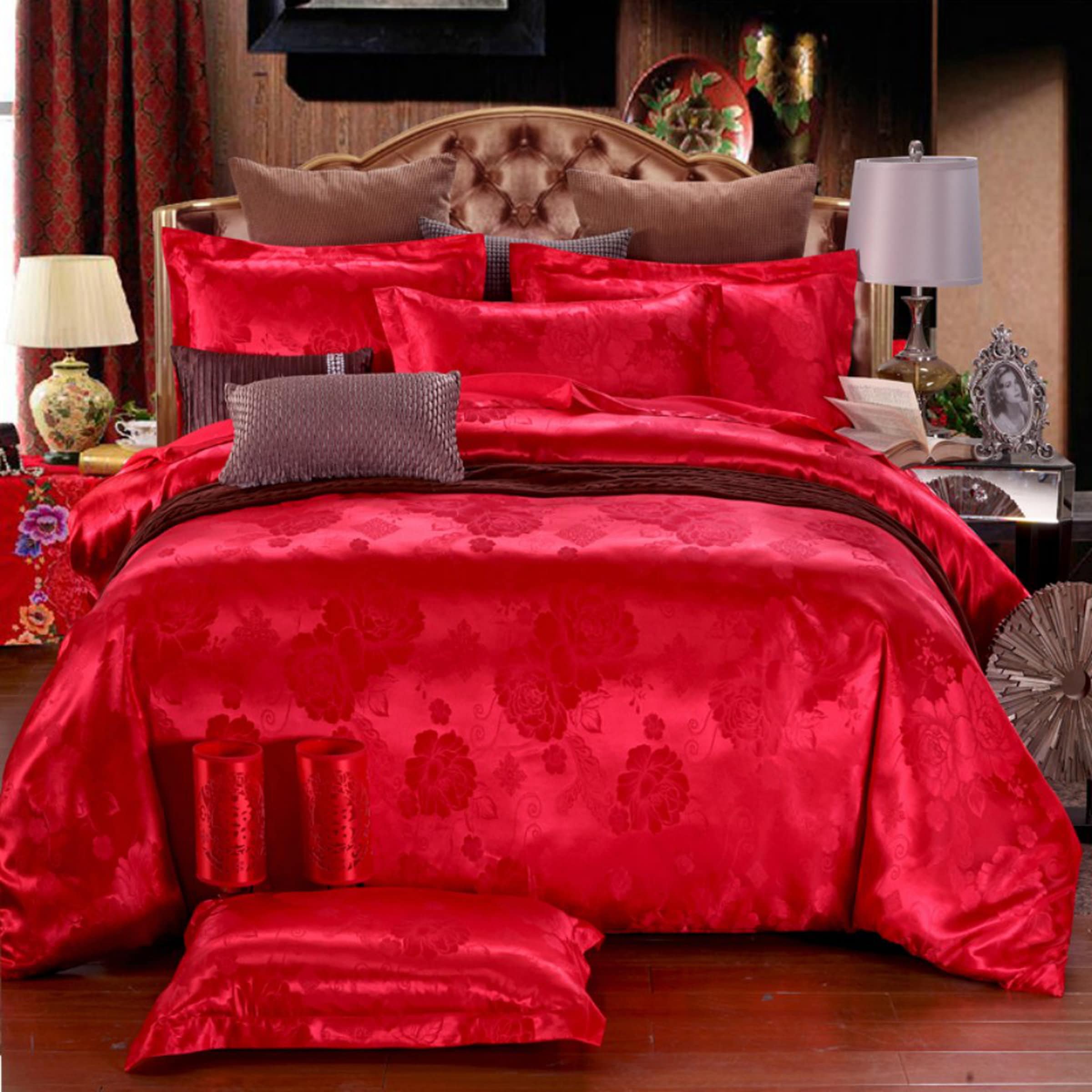daintyduvet Luxury Red Duvet Cover Set, Jacquard Fabric Aesthetic Bedding Decorative, Embroidered Bedding Set