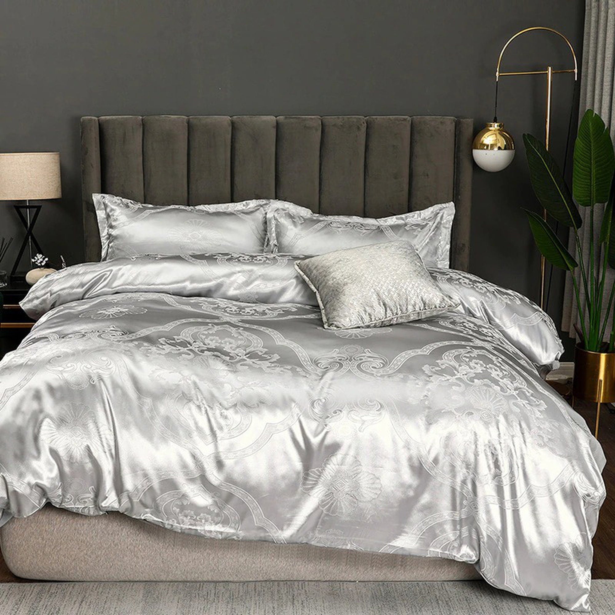daintyduvet Luxury Silver Bedding made with Silky Jacquard Fabric, Damask Duvet Cover Set, Designer Bedding, Aesthetic Duvet King Queen Full Twin