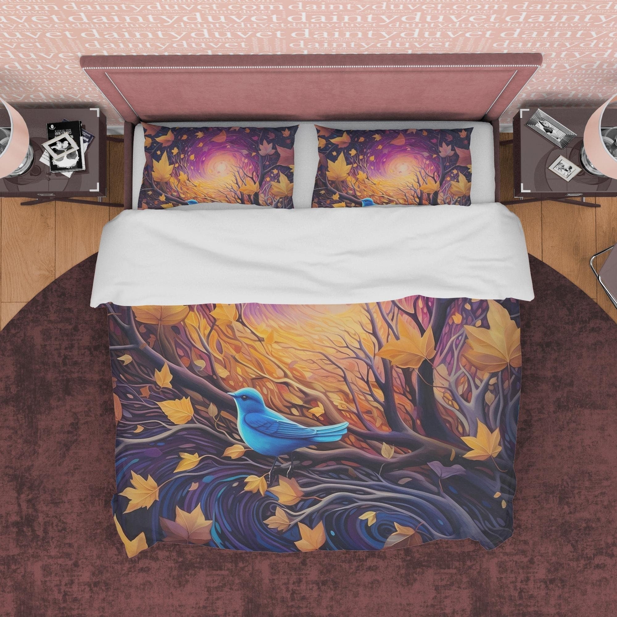 Magical Fall Duvet Cover Blue Bird Autumn Bedding Set, Warm Autumn Colors Printed Quilt Cover, Foliage Bedspread