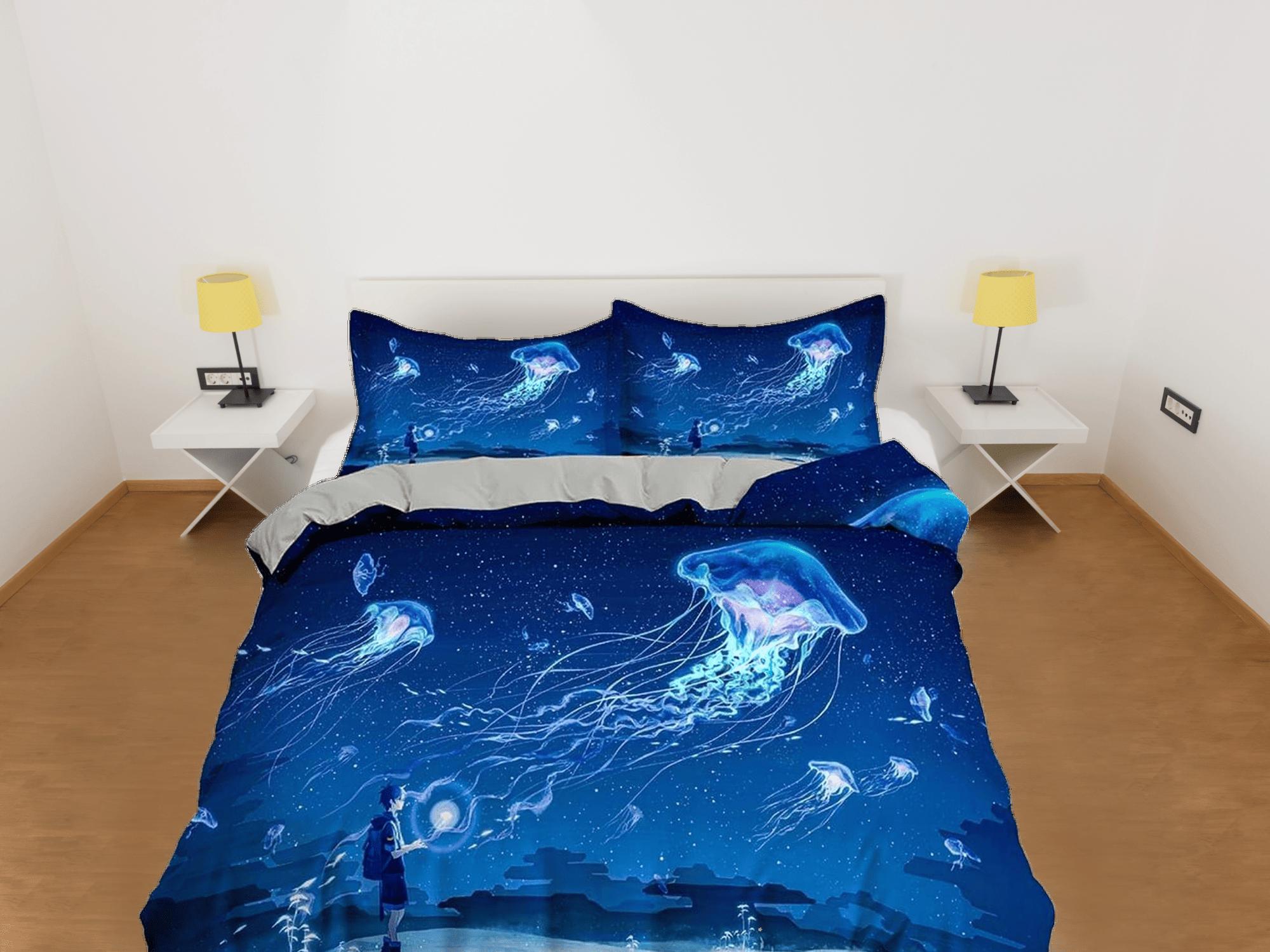 daintyduvet Magical jellyfish bedding blue duvet cover, ocean blush sea animal bedding set full king queen twin crib toddler, college dorm bedding gift