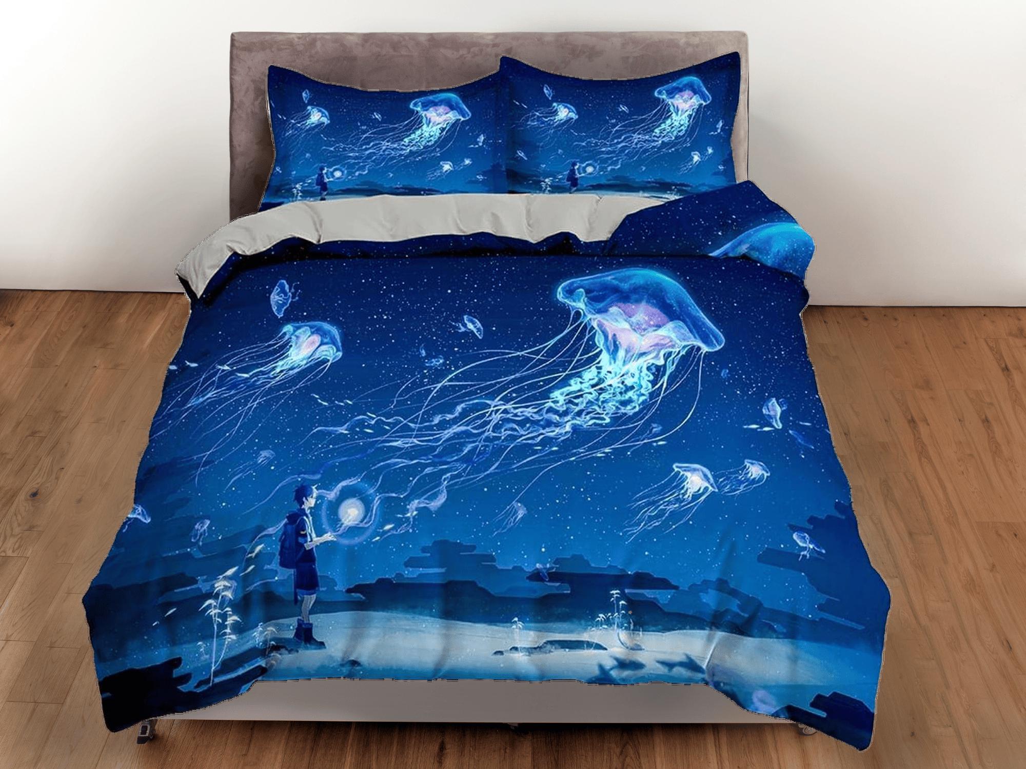 daintyduvet Magical jellyfish bedding blue duvet cover, ocean blush sea animal bedding set full king queen twin crib toddler, college dorm bedding gift