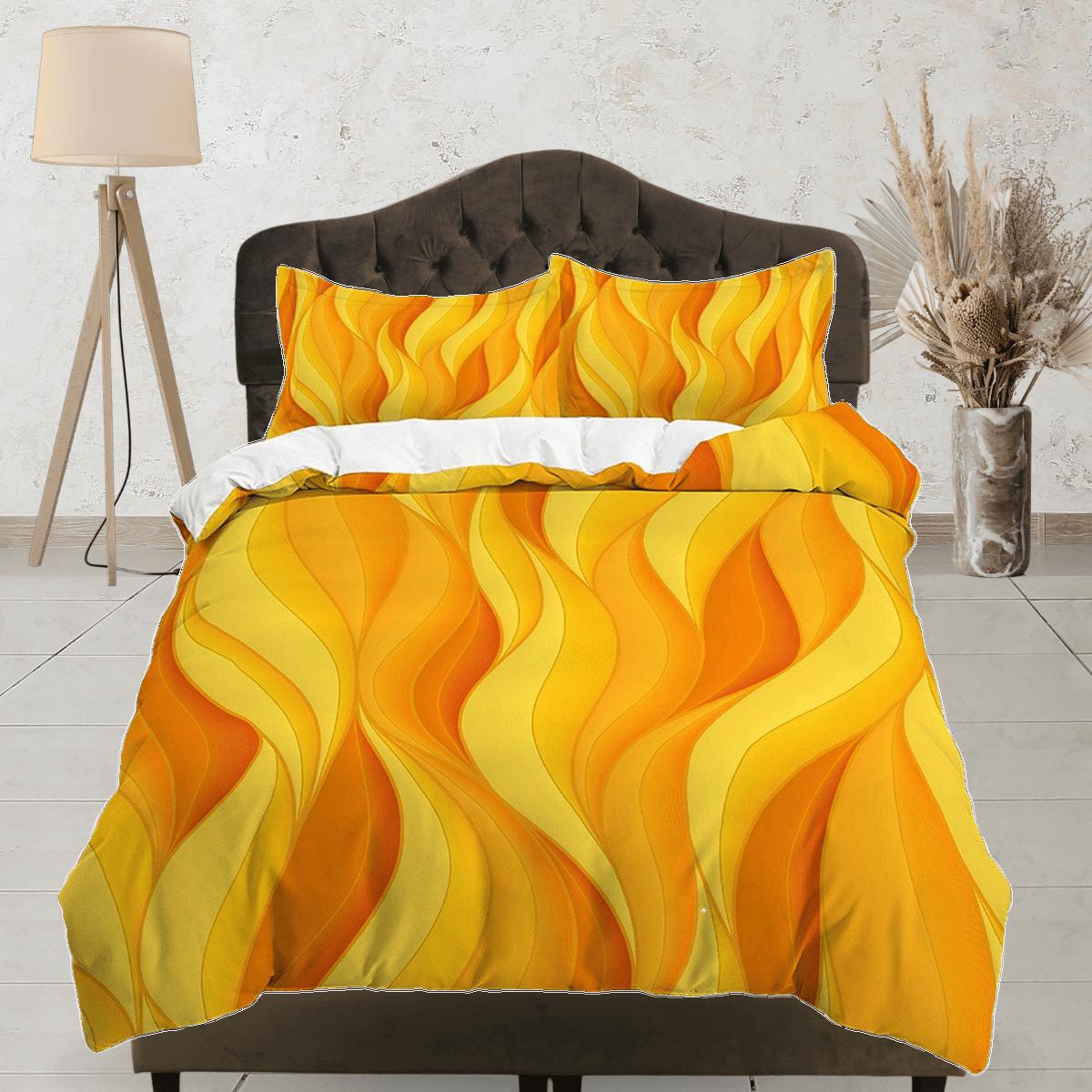 daintyduvet Mid century modern bedroom art set orange yellow duvet cover, aesthetic room decor boho chic bedding set full, colorful maximalist retro