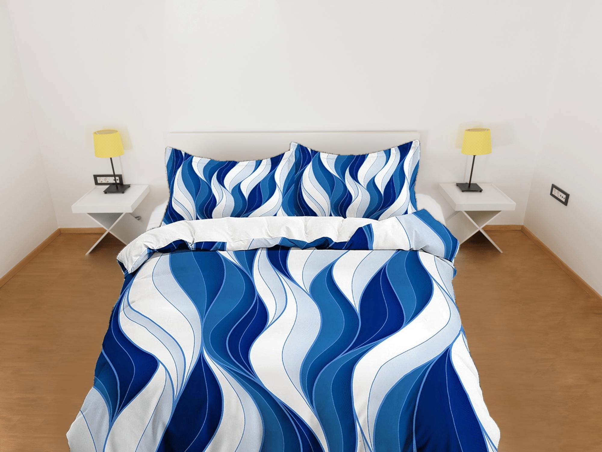 daintyduvet Mid century modern bedroom art set white and blue duvet cover, aesthetic room decor boho chic bedding set full, colorful maximalist retro