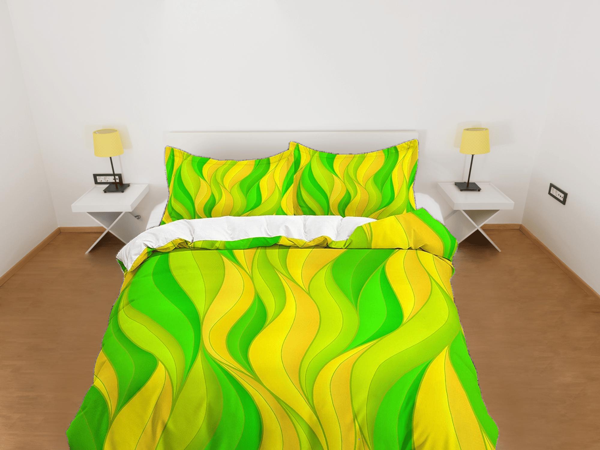 daintyduvet Mid century modern bedroom art set yellow green duvet cover, aesthetic room decor boho chic bedding set full, colorful maximalist retro