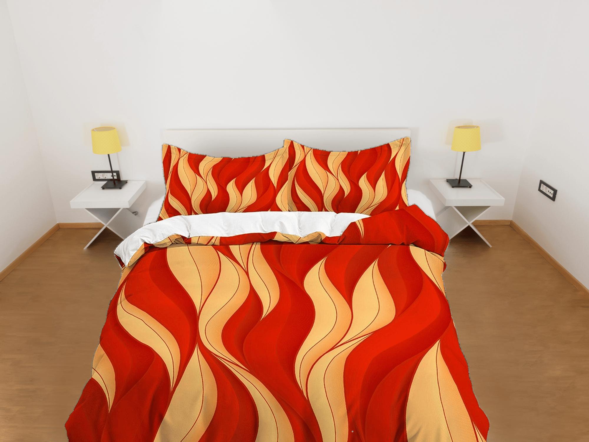 daintyduvet Mid century modern bedroom art set yellow orange red duvet cover, aesthetic room decor boho chic bedding set full, colorful maximalist retro