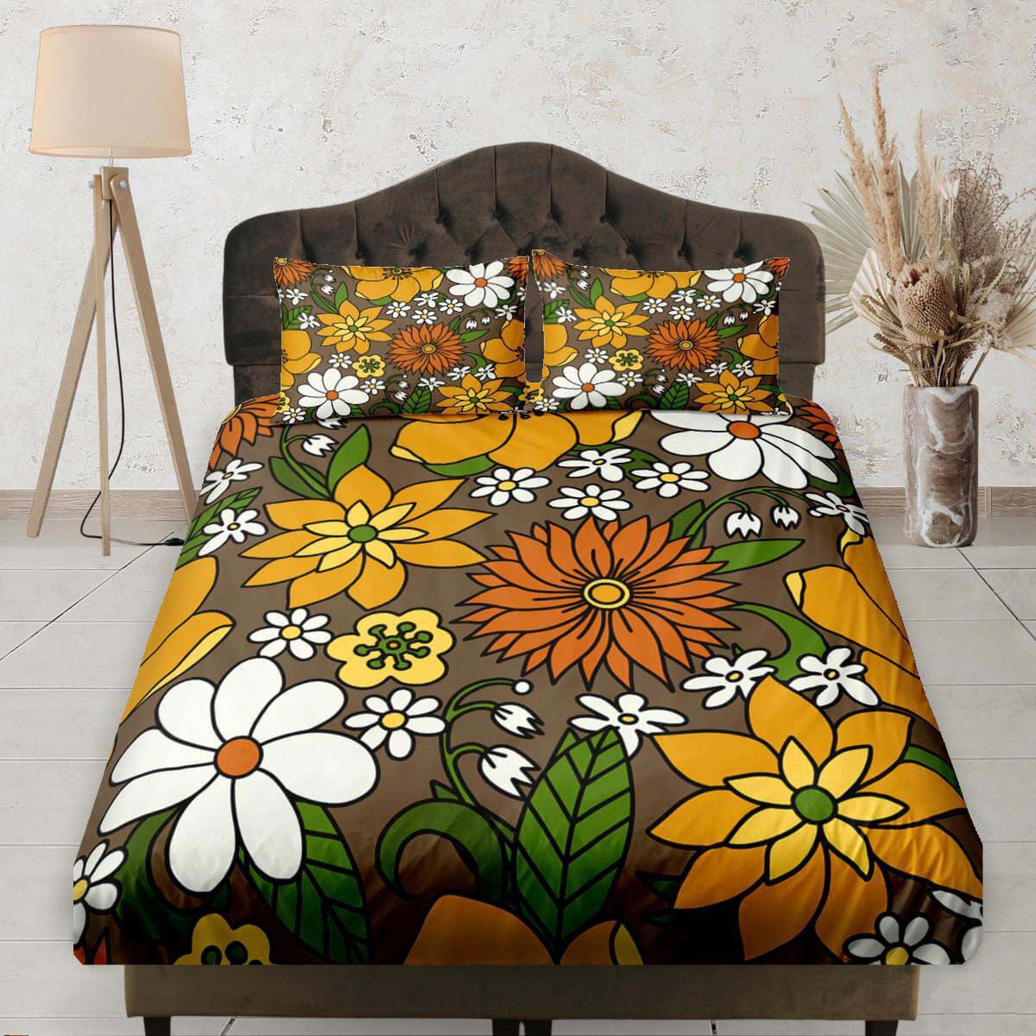 daintyduvet Mid Century Modern Brown Bedding, Fitted Sheet Deep Pocket, Floral Prints, Aesthetic Boho Bedding Set Full, Elastic Bedsheet, Dorm Bedding