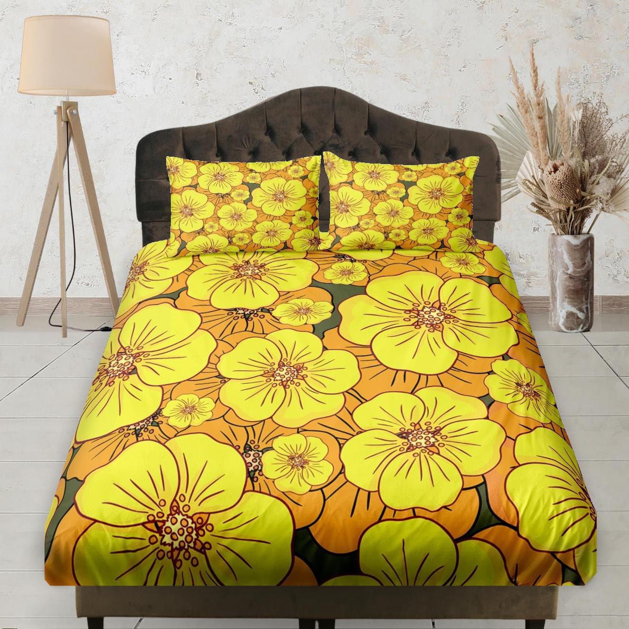 daintyduvet Mid Century Modern Fitted Sheet Deep Pocket, Yellow Orange Floral Prints, Aesthetic Boho Bedding Set Full, Elastic Bedsheet, Dorm Bedding