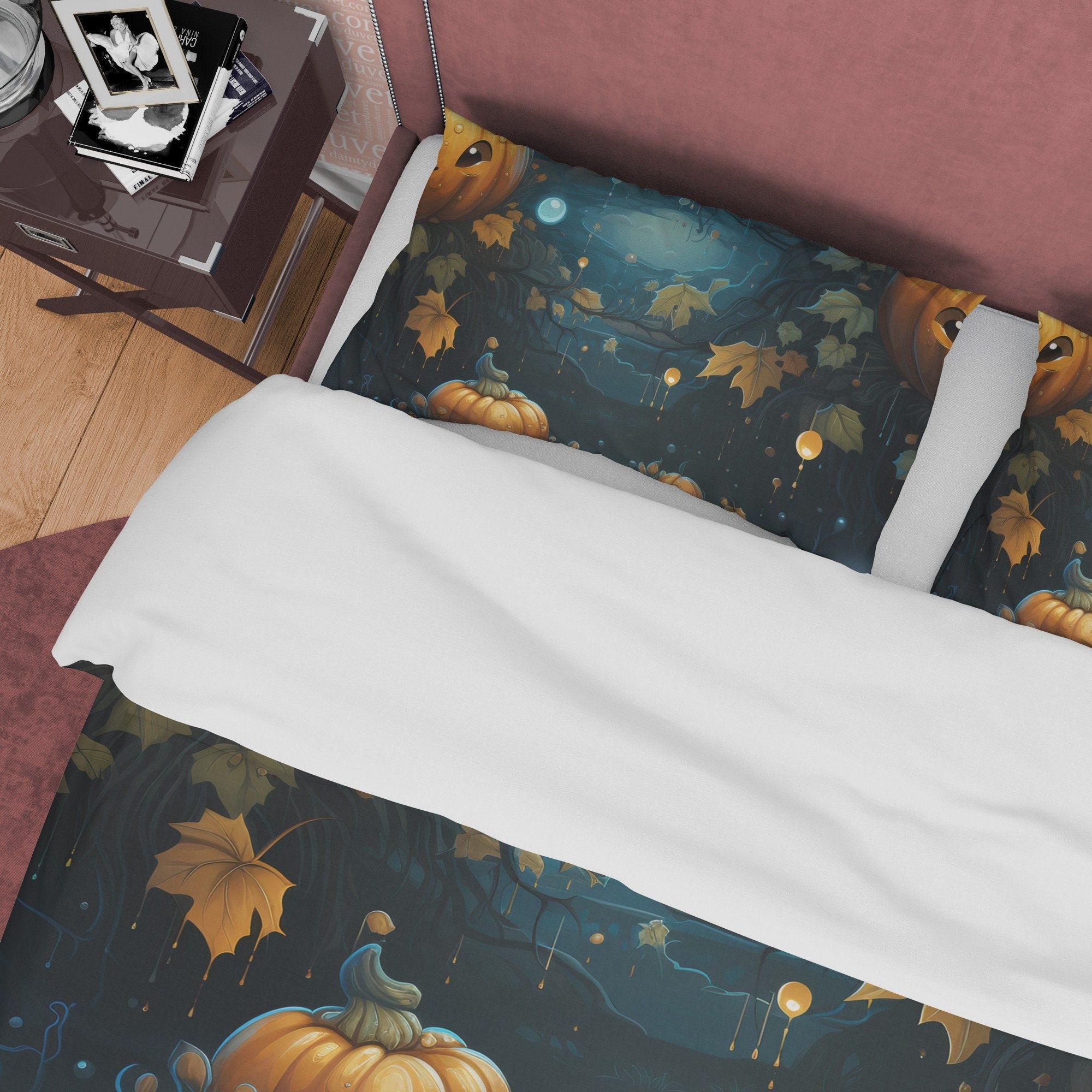 Midnight Fall Pumpkin Duvet Cover Set, Autumn Spooky Night Blanket Cover, Aesthetic Zipper Bedding, Halloween Room Decor, Unique Quilt Cover