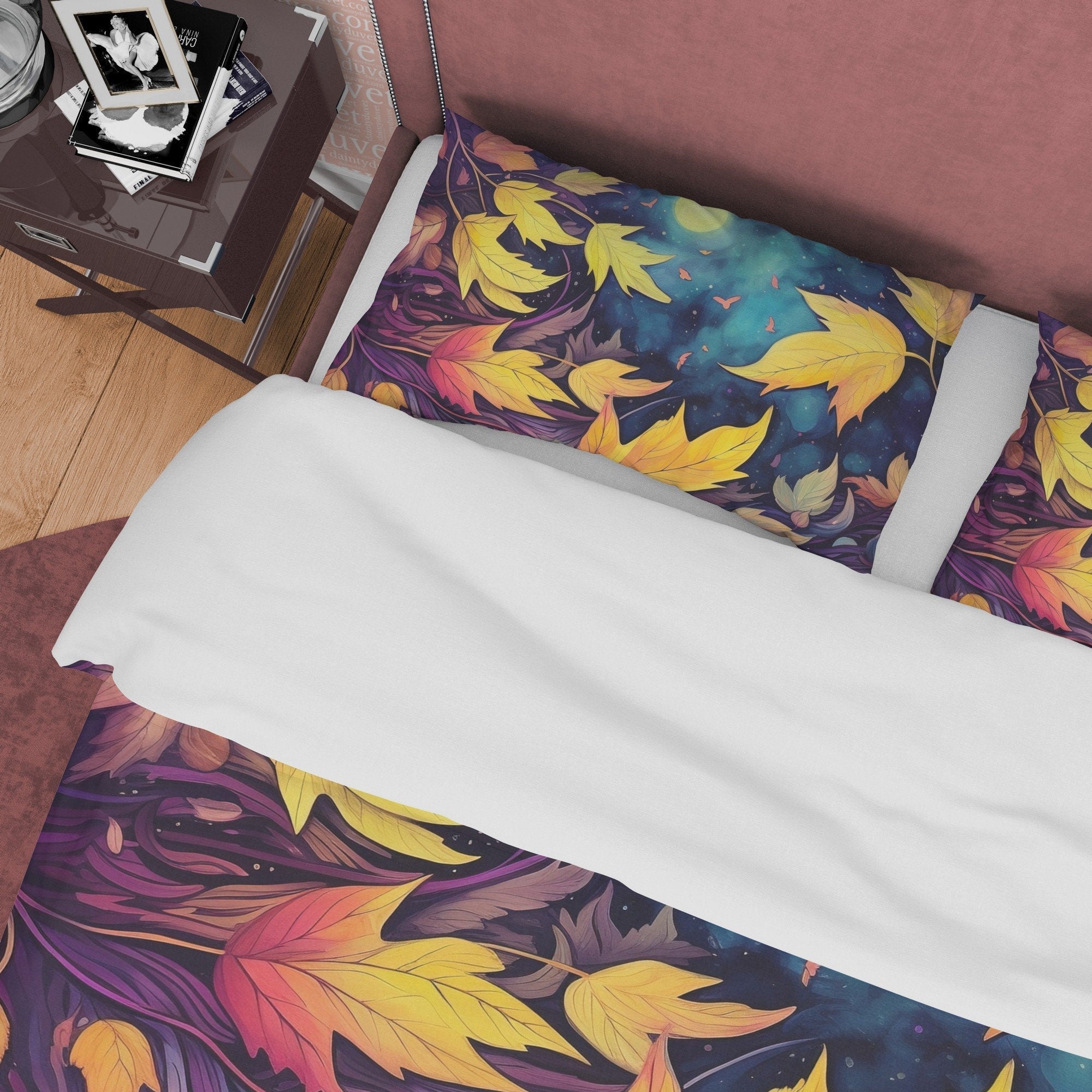 Midnight Purple Fall Duvet Cover Dried Leaf  Bedding Set, Warm Autumn Colors Printed Quilt Cover, Foliage Bedspread, Yellow Blanket Cover