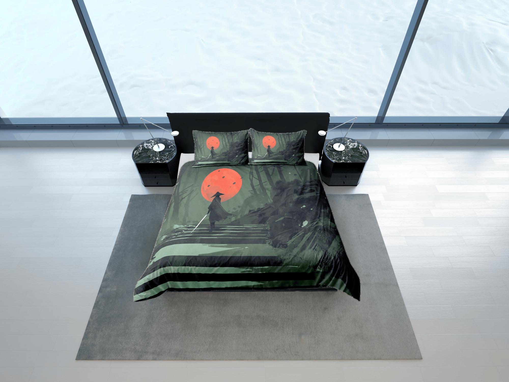daintyduvet Military green oriental bedding, samurai on japanese duvet cover set for king, queen, full, twin, single bed, aesthetic zipper bedding