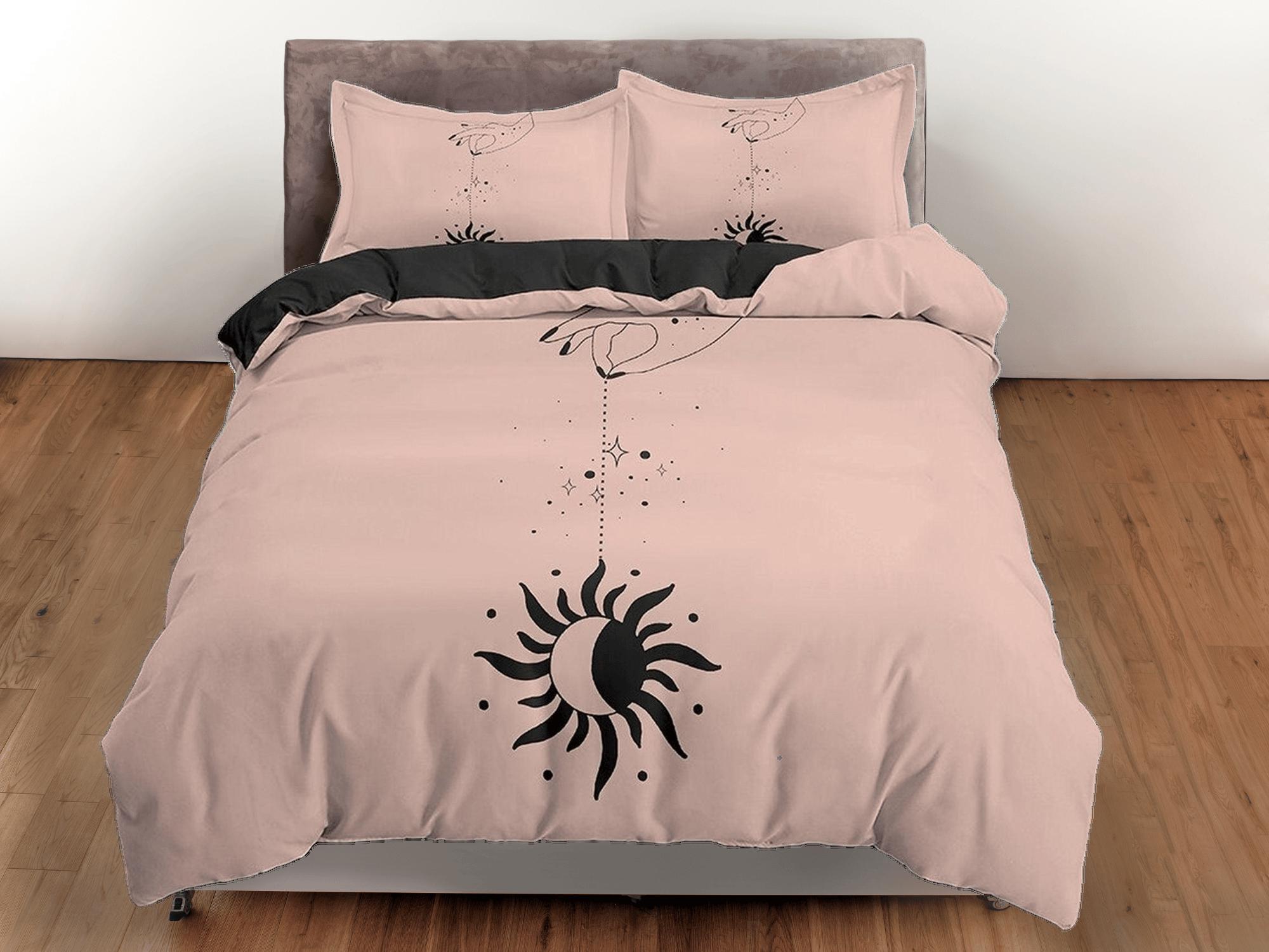 daintyduvet Minimalist Bedding with Black Moon and Sun, Beige Duvet Cover Set, Witchy Boho Dorm Bedding, Aesthetic Duvet King Queen Full Twin Single