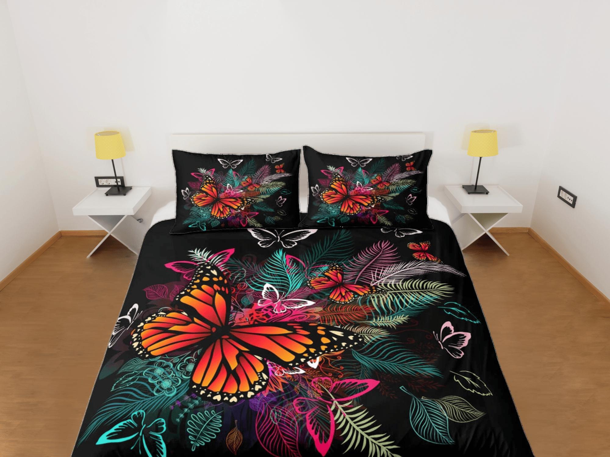 daintyduvet Monarch butterfly bedding tropical black duvet cover colorful dorm bedding, full size adult duvet king queen twin, nursery toddler bedding