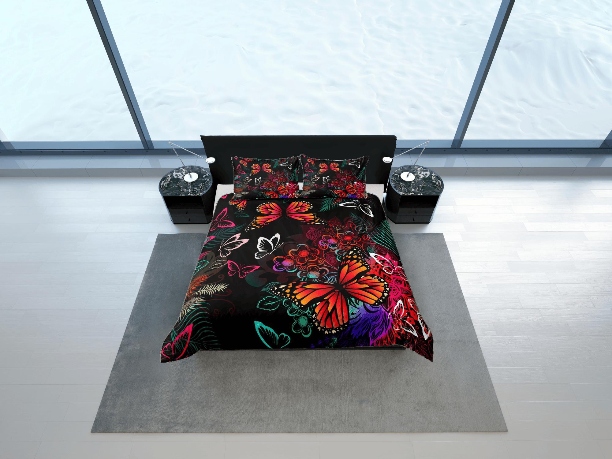 daintyduvet Monarch Butterfly Black Duvet Cover Set Colorful Bedspread, Dorm Bedding Pillowcase