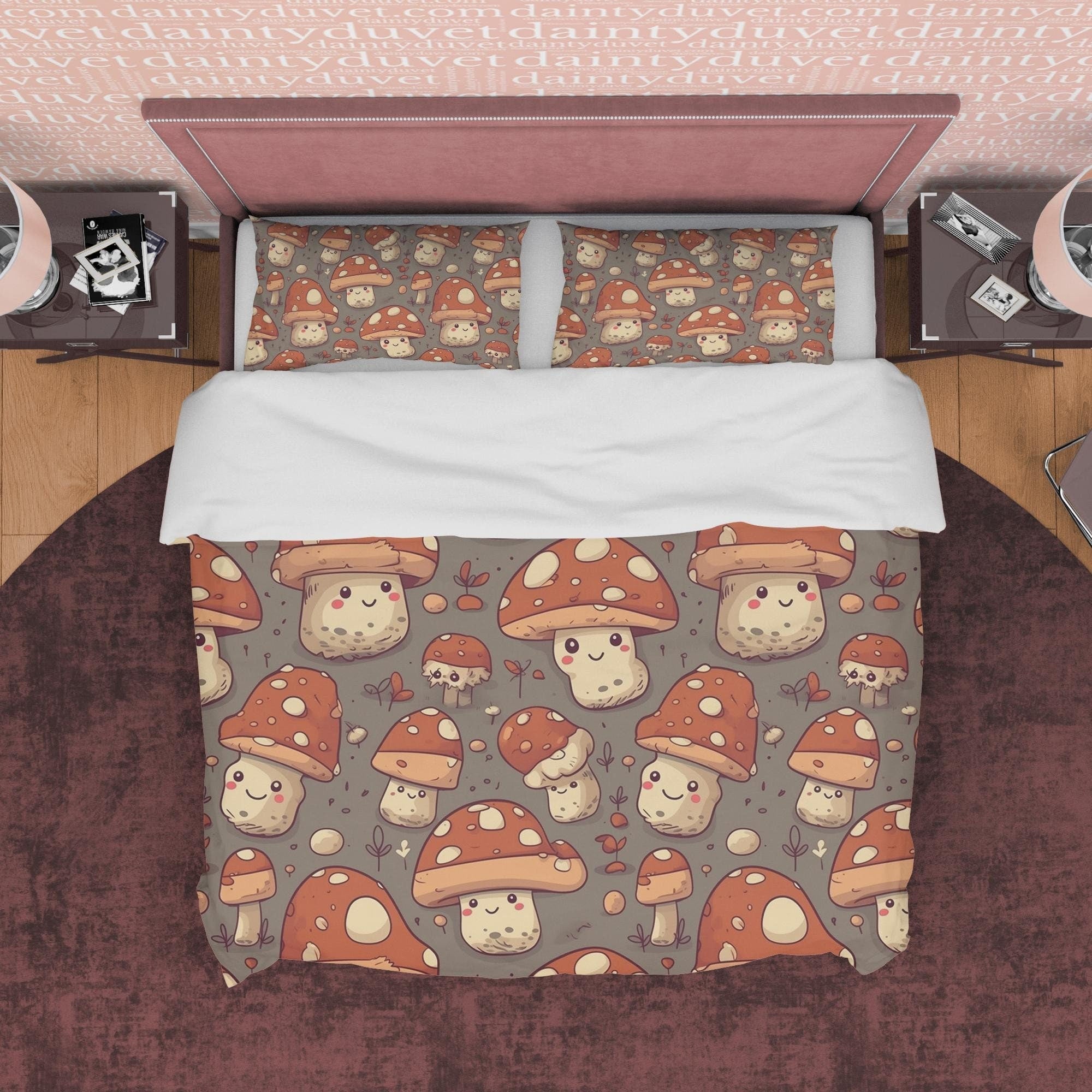 Mushroom Retro Bedding Set, Choco Brown Duvet Cover, Funny Quilt Cover, Cute Fungi Bedspread, 70s Nostalgia Bed Cover, Zipper Bedding